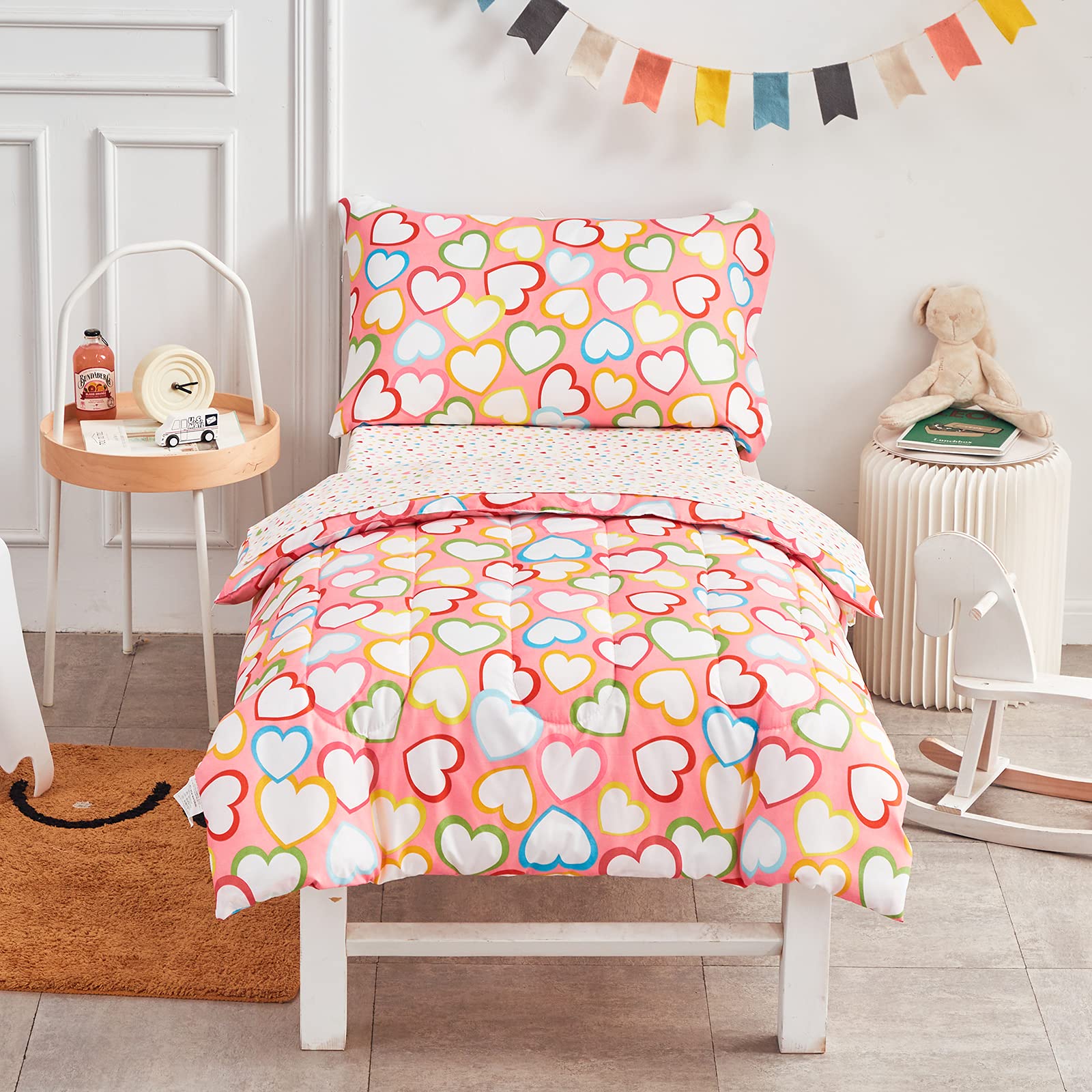 Uozzi Bedding 4 Pieces Toddler Bedding Set Hearts Pink