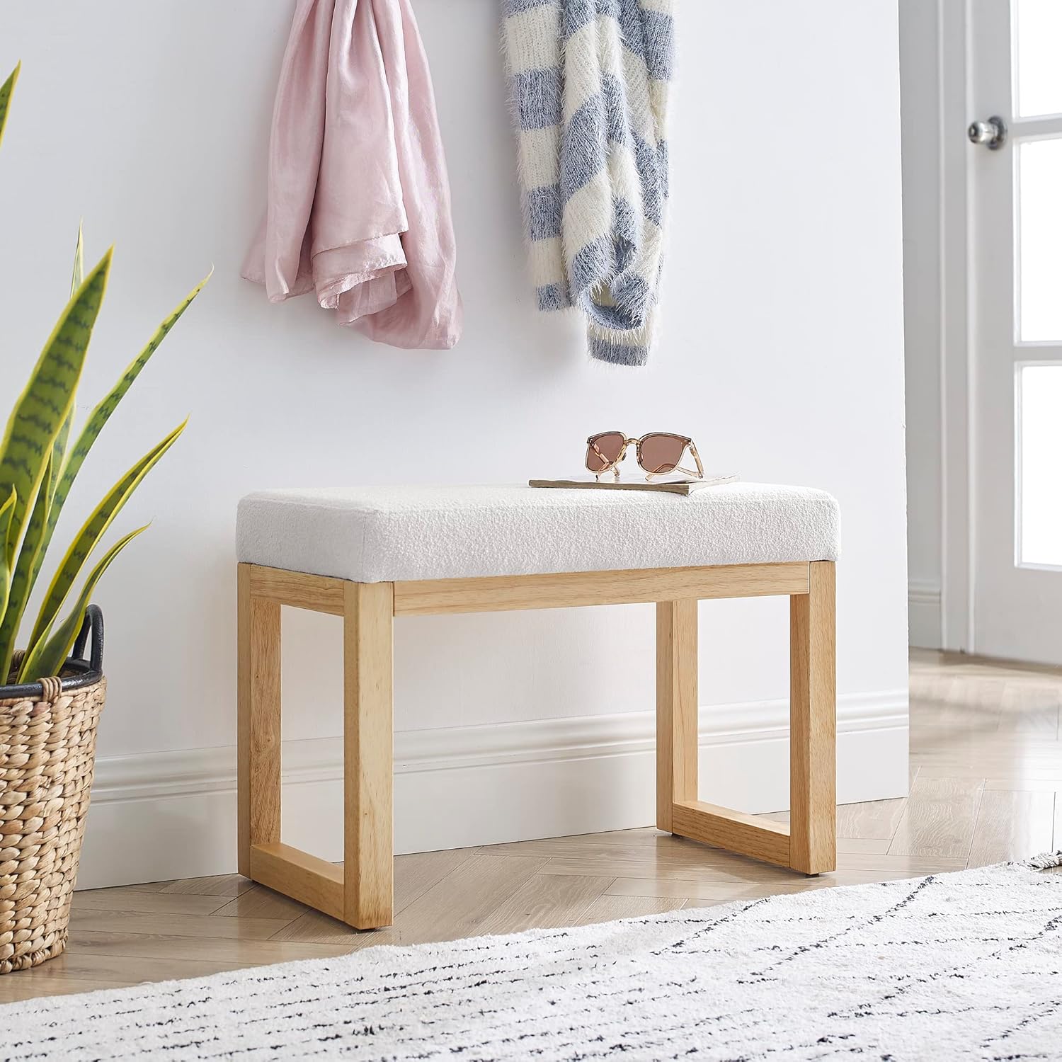 Rectangular Ottomans Bench, 25 Inch Footstool, Made Loop Yarn Fabric and Sturdy Rubber Wood, Perfect for Modern Living Rooms, Bedrooms, and Corridors (Beige)