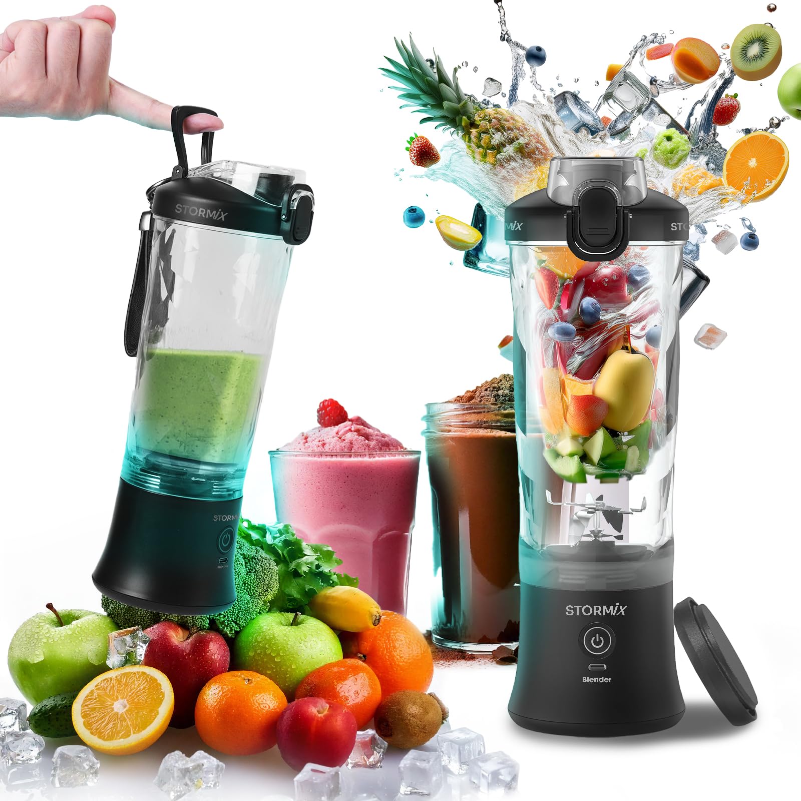 STORMIX - Batidora portátil y bolsa isotérmica - Batidora potente 150 W - 6 cuchillas de acero inoxidable - batidos, cocteleras, hielo picado - USB-C recargable - funda termoaislante - fácil