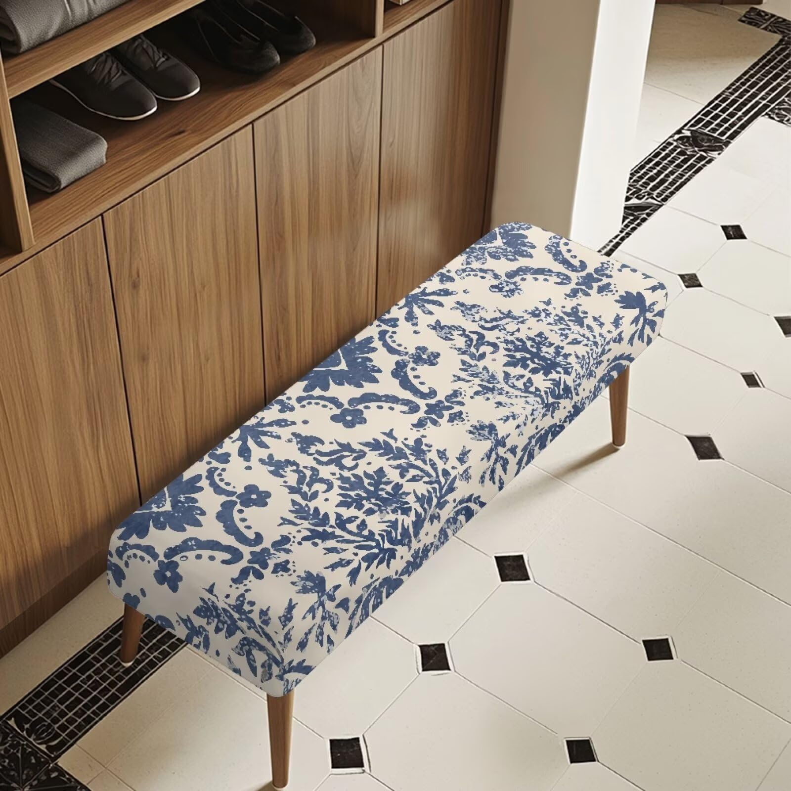 Tnasranmo Retro Pattern Stretch Dining Bench Cover Long Ottoman Cover Footstool Footrest Slipcover Anti-Dust Removable Bench Slipcover Protector for Bedroom, Kitchen