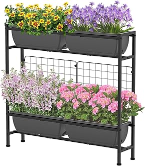 CADUKE Raised Planter Box, Plastic Raised Garden Bed with Legs, Standing Planter Box with Drainage Holes & Trellis, 32" Elevated Flower Beds Outdoor & Indoor for Vegetables, Balcony, Patio, Grey