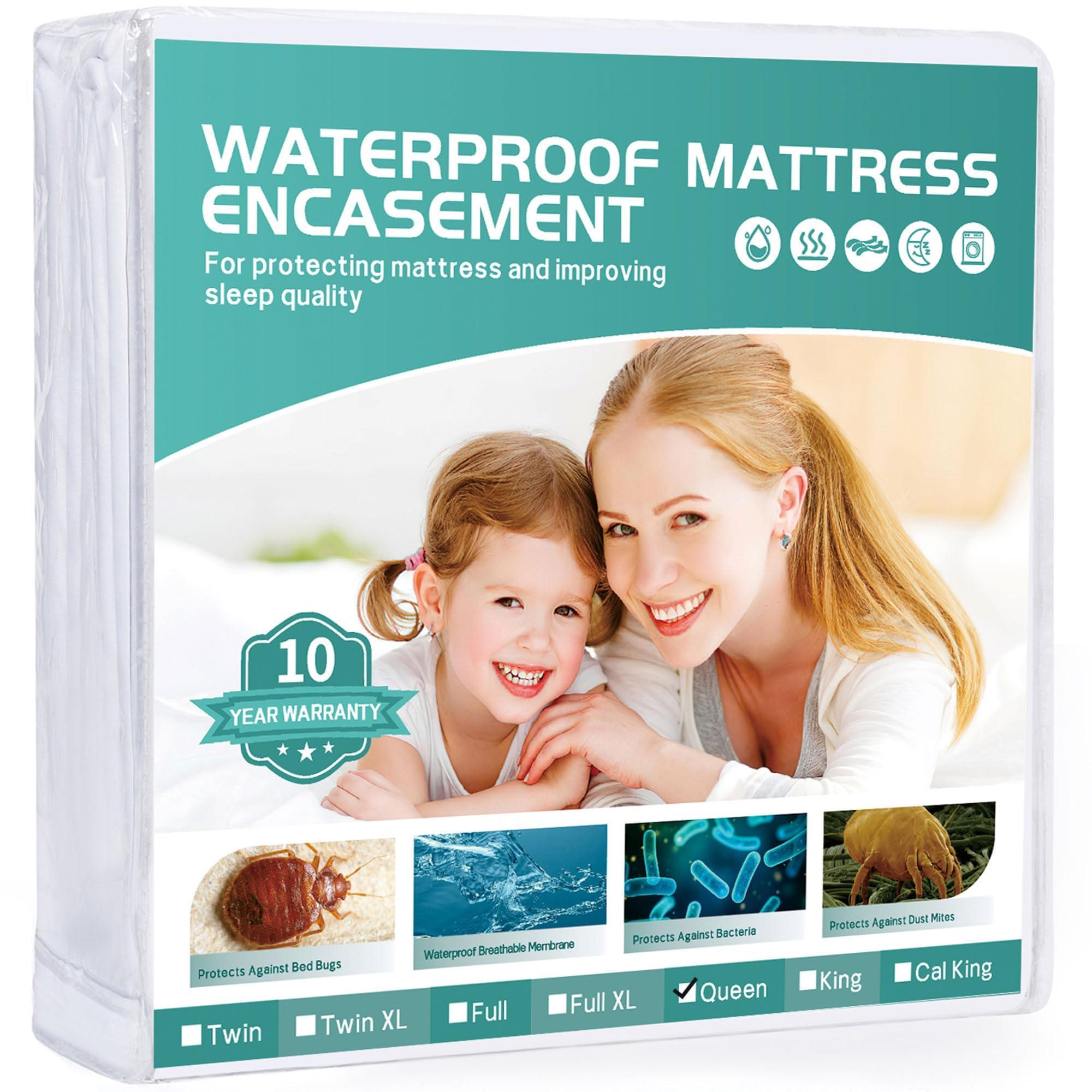 60"x80" Queen Mattress Protector(6-10 in. Deep) Waterproof Mattress Cover Zippered Soft Breathable Skin-Safe Encasement for Queen Bed Sheets