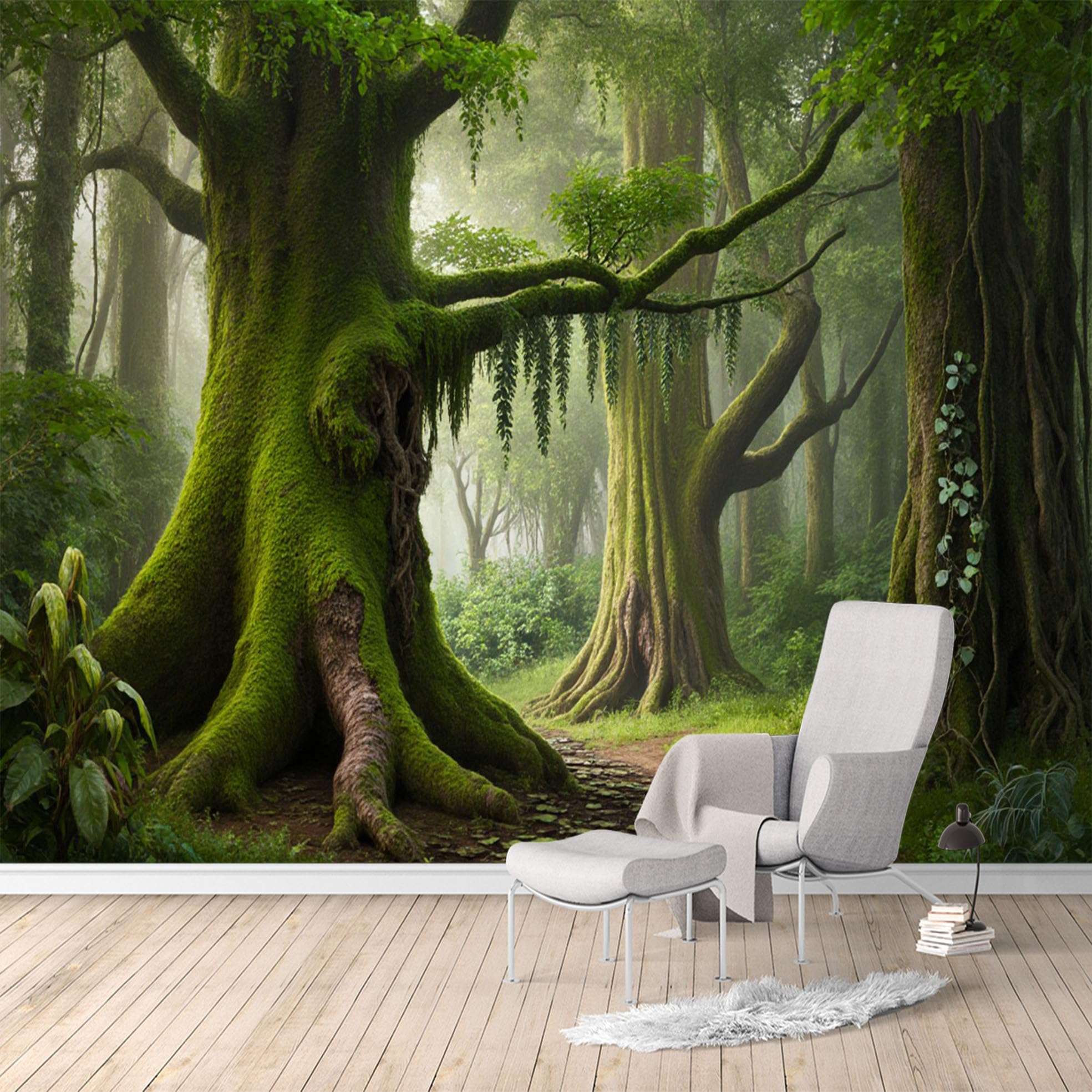 Custom Size Wall Murals, Misty Enchanted Forest Ancient Trees Mossy Grove Landscape SelfAdhesive Water Activated Removable Wall Covering, Large Photo Wallpaper for Living Room Bedroom Office