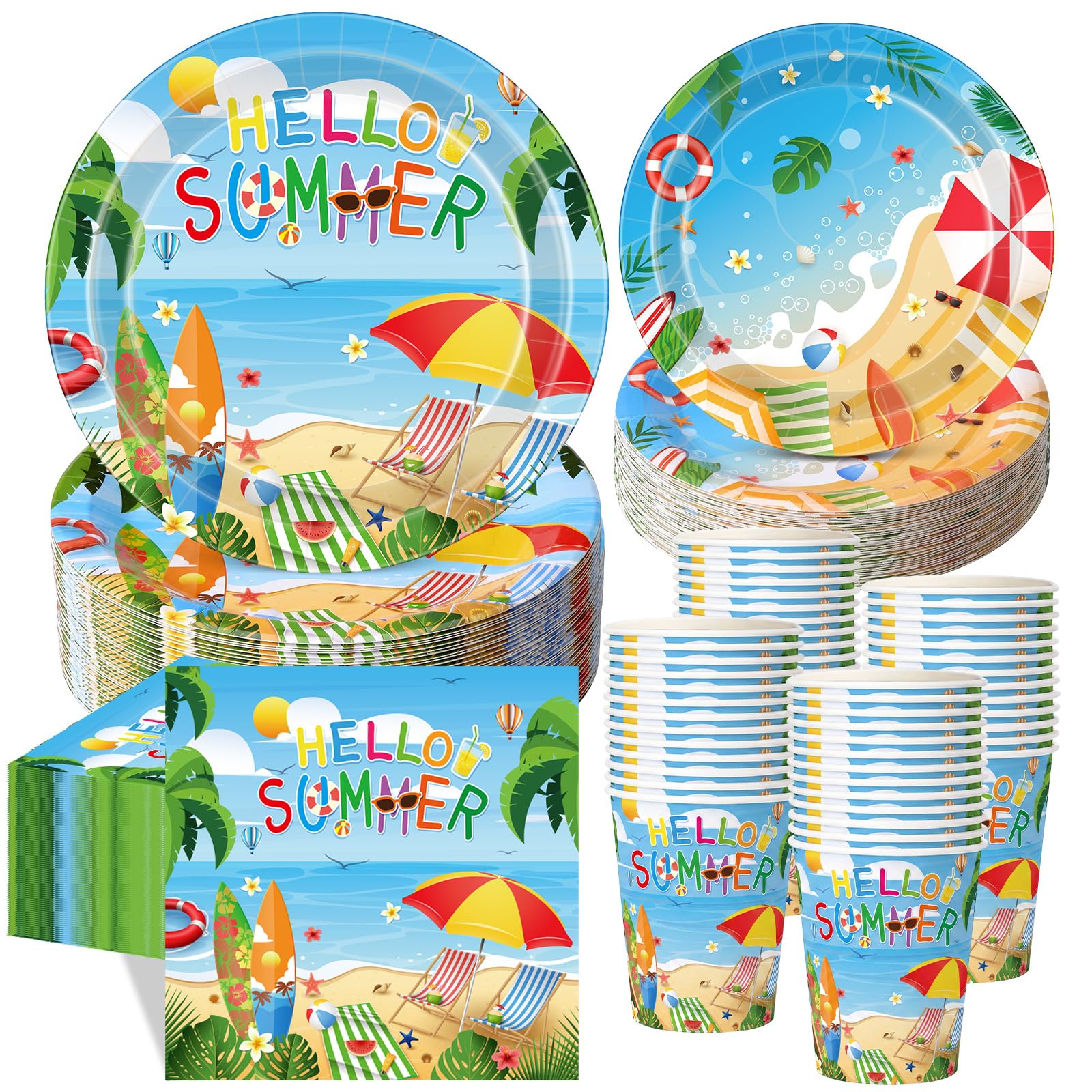 Pickmesh 250 Pcs Hello Summer Plates Napkins and Cups Beach Party Decorations Hawaiian Tropical Disposable Paper Tableware Set for 50 Guests Summery Ocean Pool Luau Birthday Party Supplies