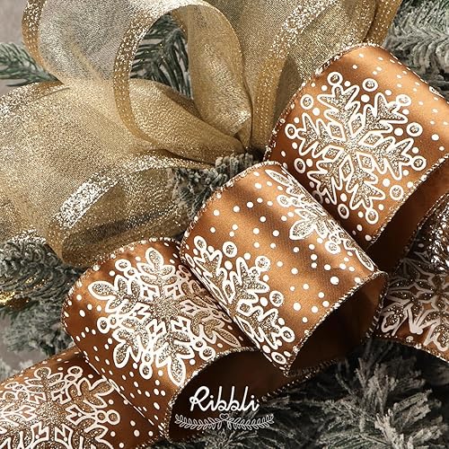 Miniatura 8 de Ribbli Cinta de Navidad con alambre de oro rosa para árbol de Navidad, copos de nieve, cintas con alambre con purpurina para manualidades, envoltura