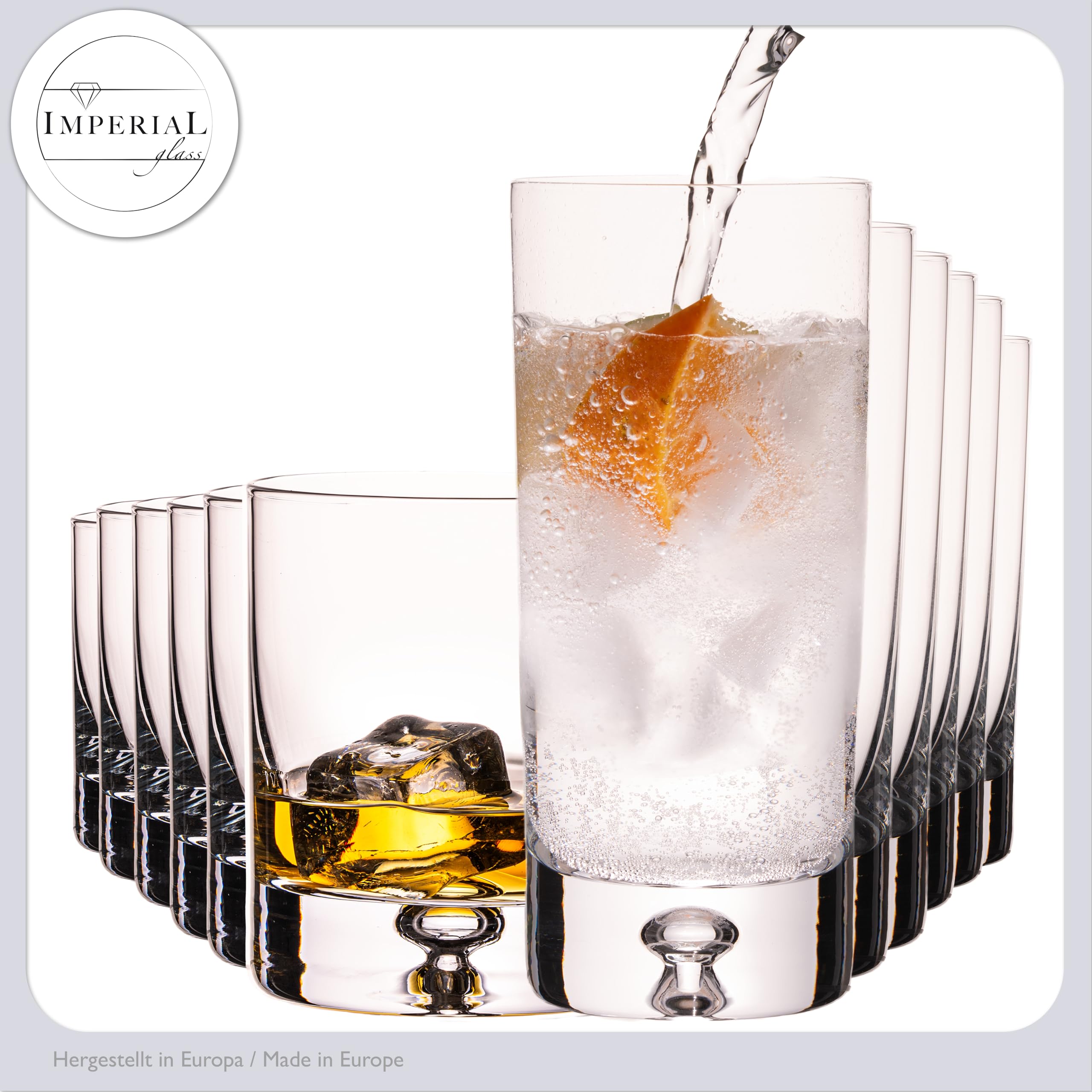 Gläser Set – Trinkgläser aus Crystalline Glas – 6 Longdrinkgläser 370ml & 6 Tumbler 300ml Lissabon – Wassergläser mit Luftblase im Boden Handmade