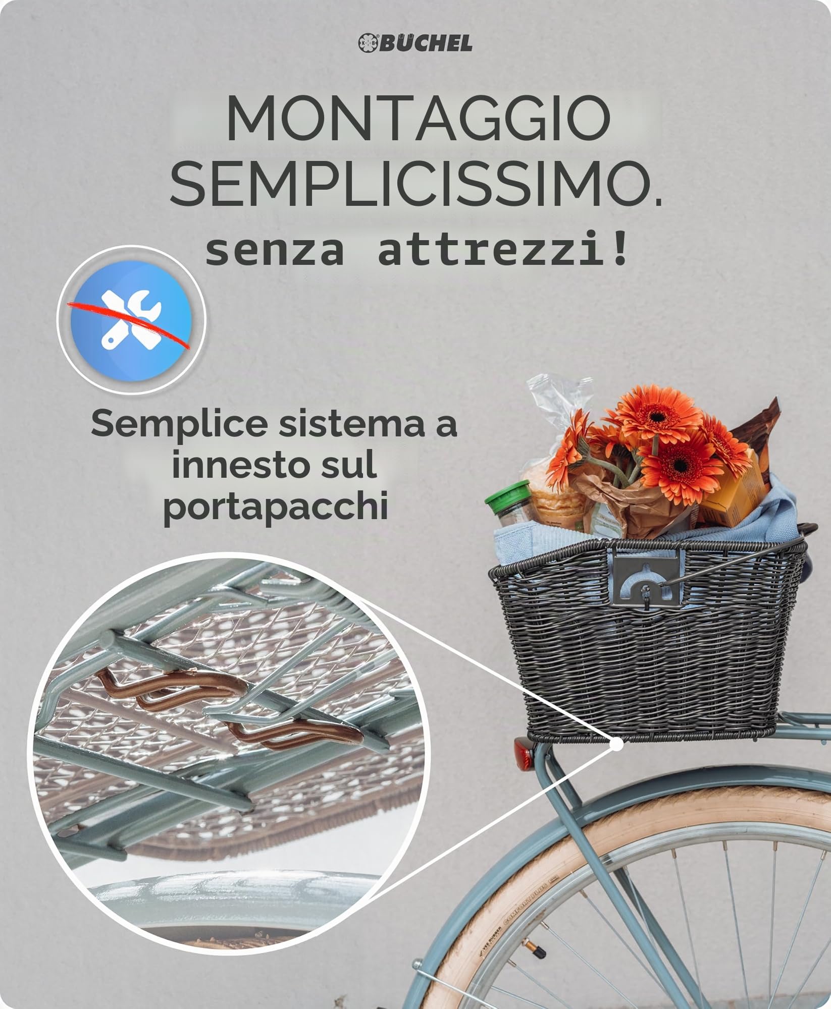 Büchel 40504190 - Cestino per Bicicletta in polyrattan, Colore: Grigio