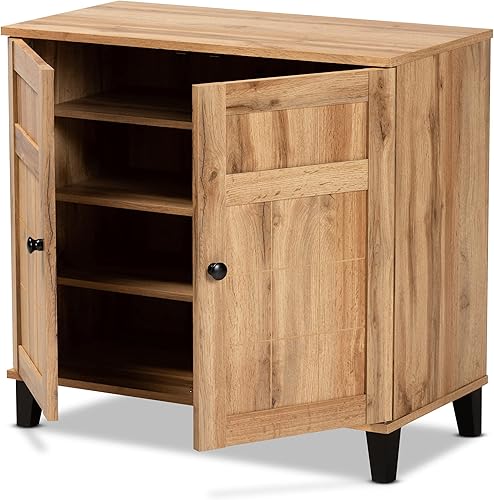 Miniatura 4 de Baxton Studio Glidden - Gabinete de almacenamiento de zapatos de 2 puertas de madera con acabado marrón roble moderno y contemporáneo