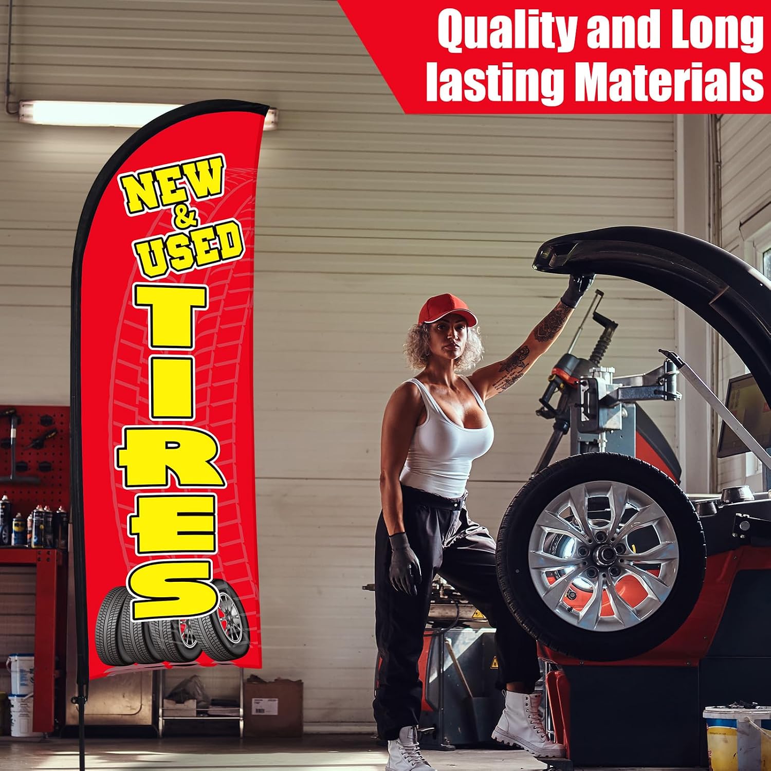 Buryeah 3 Sets Tires Shop Feather Flags with Poles 7ft New and Use Tires Flags for Businesses Outdoor Advertising Banner Sign to Sale Tyre Signs Supplies(Red)