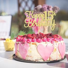 Gyufise 1Pc Gold Happy 15th Birthday Cake Topper Glitter 15th Birthday Cake Pick Cheers to 15 Years Old Fifteen Fabulous Cake Decorations for 15th Birthday Theme Party Supplies