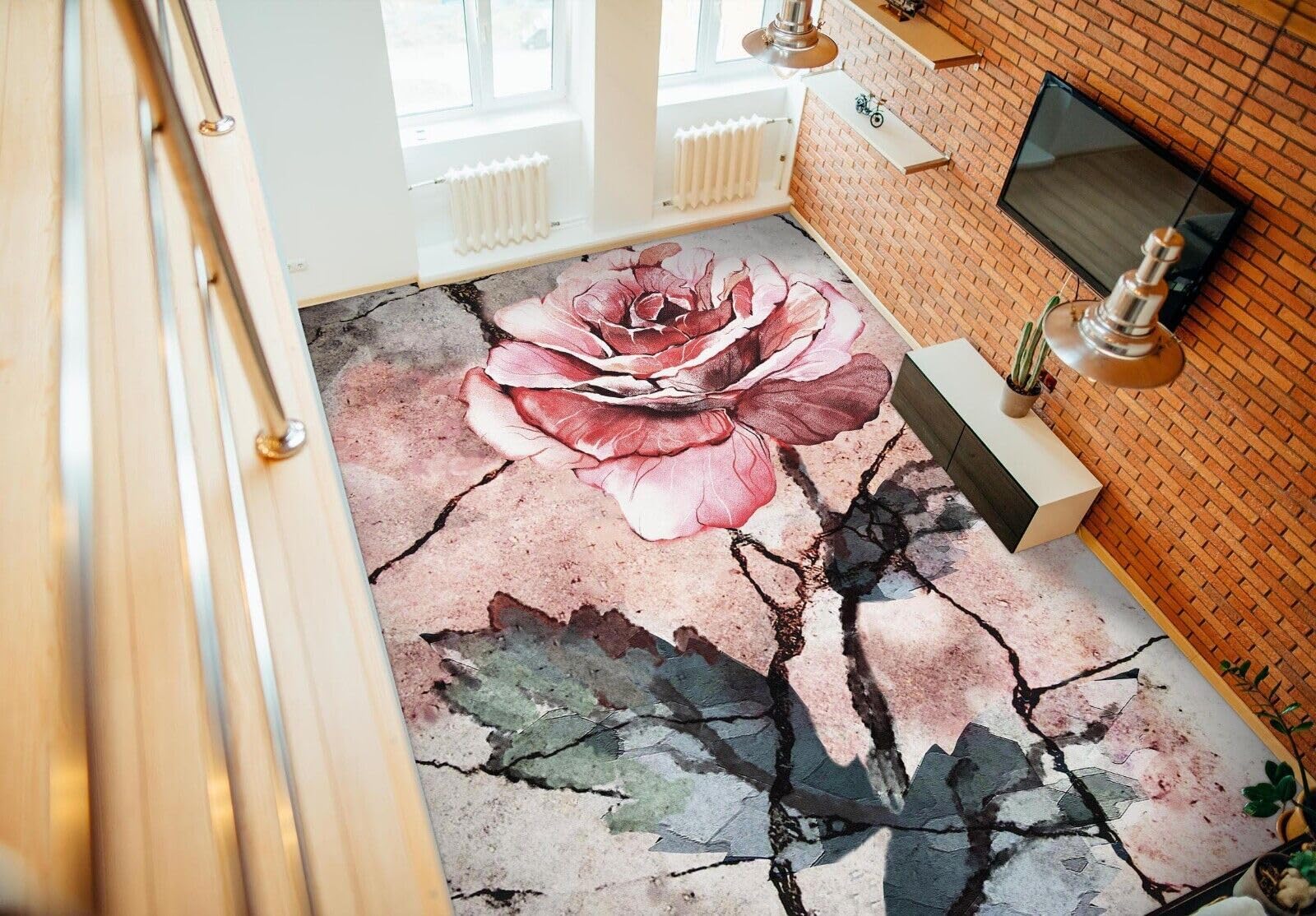 Cartel De Decoración De Piso Murales de papel pintado para suelo de flores rosas 3D, 250 * 175 cm Murales Pegatinas Cuarto de baño Vinilo autoadhesivo Papel tapiz