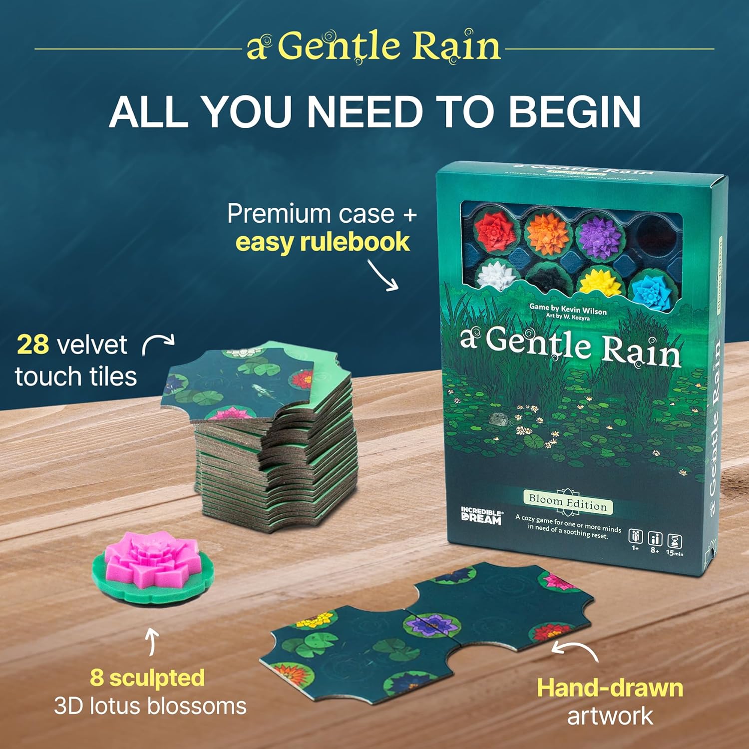 A Gentle Rain – Bloom Edition – Calming Tile-Laying Puzzle Game with 3D Lotus Blossoms – Mindful Solo, 2-Player, or Cooperative Play in 15 Min – Premium Tactile Board Game, Giftable & Family-Friendly