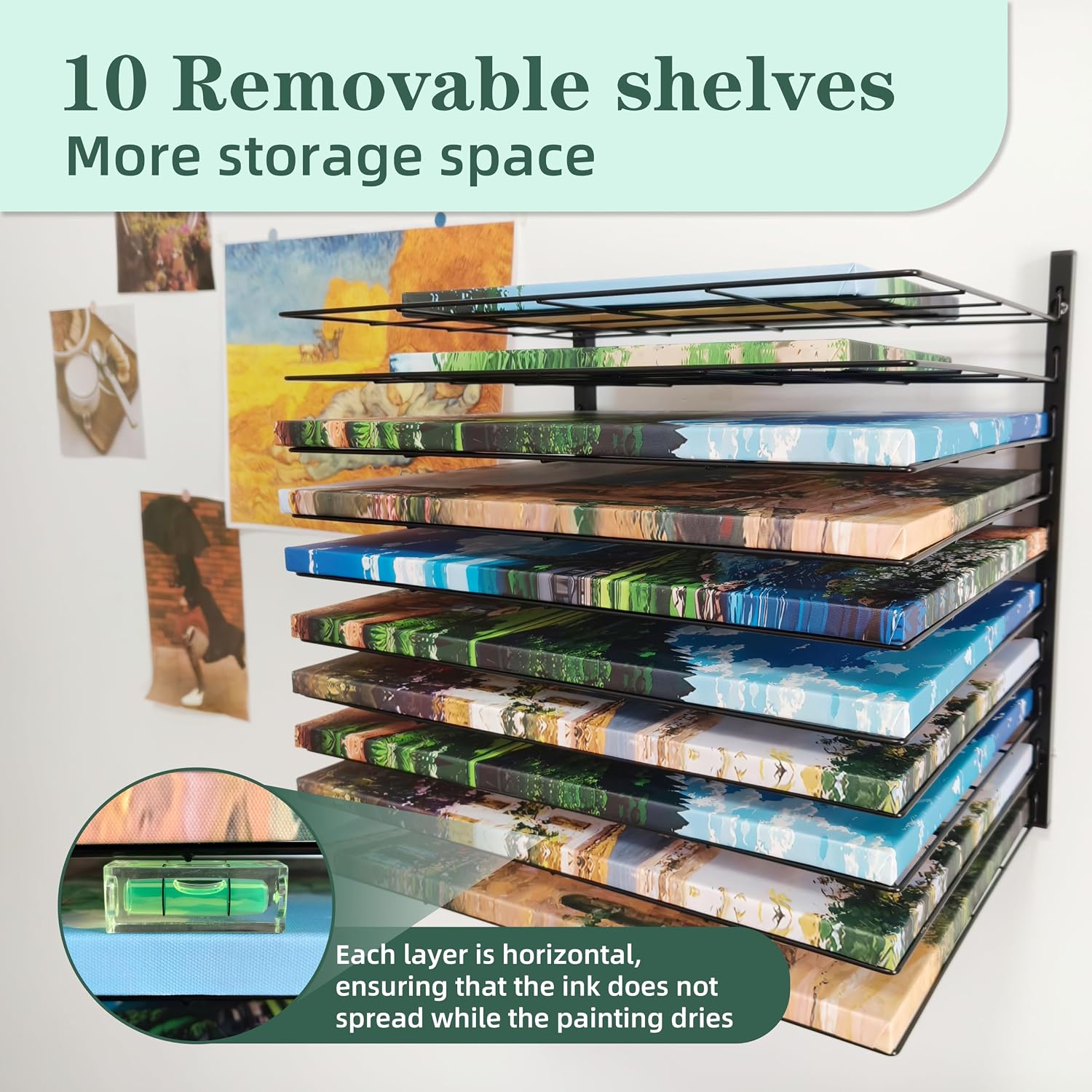 Art Drying Rack for Classroom - No Drill Wall & Fit All Walls Paint Storage System, 10 Removable Shelves 1.57" Apart for Art Studios, Schools