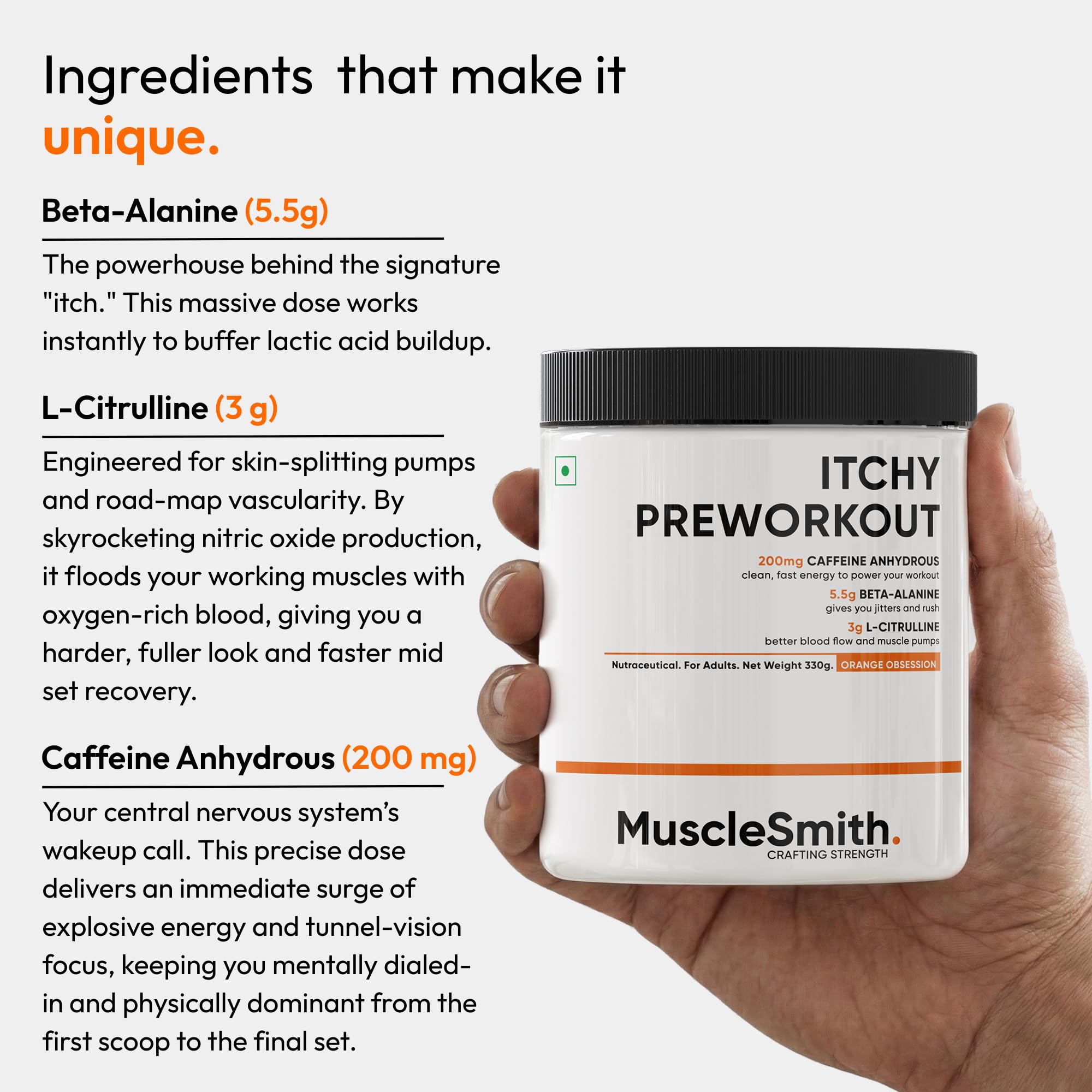MuscleSmith Itchy Pre Workout Powder for Men & Women | With Caffeine, Beta-Alanine & L-Citrulline | Gym Energy, Focus & Training Support | No Added Sugar | 300g, 28 Servings | Orange Obsession — Amazon image 4