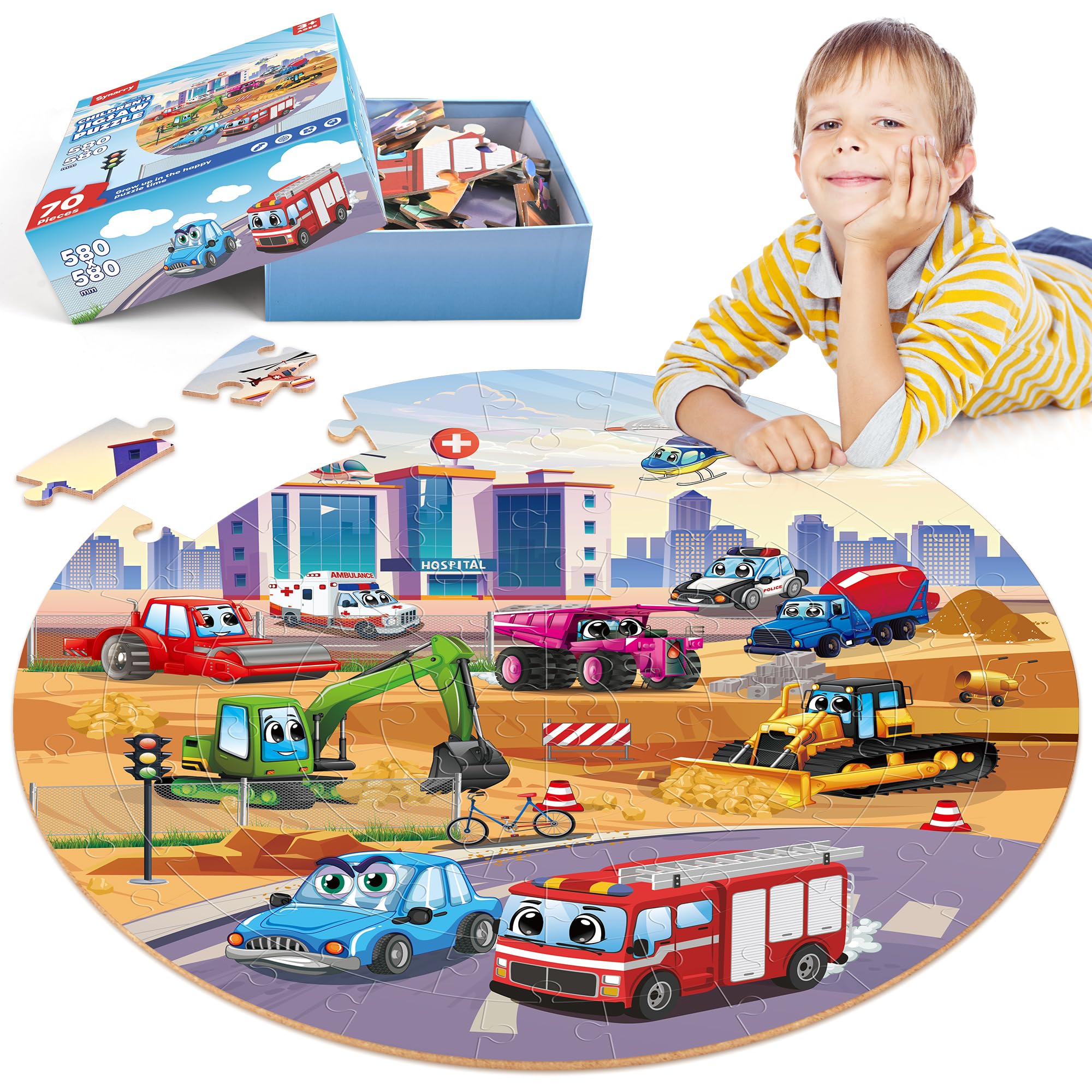 SYNARRY Giant Construction Vehicle Floor Jigsaw Puzzle for Kids 3 4 5 6 7 8 Year Olds, 70 Piece Big Round Fire Truck Jigsaw
