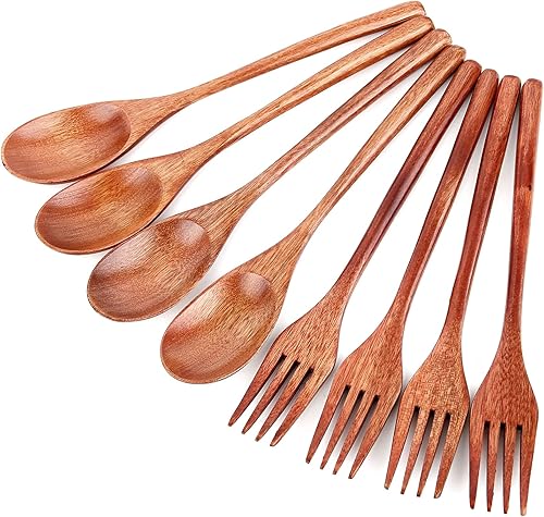 Juego de 8 tenedores de cucharas de madera, juego de utensilios de madera de estilo japonés, cuchara de cocina hecha a mano, juego de cubiertos de