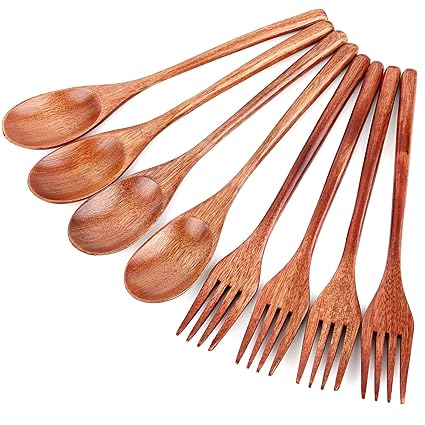 8 Pcs Wooden Spoons Forks Set, Japanese Style Wooden Utensil Set, Handmade Kitchen Spoon, Reusable Travel Flatware Set, Wooden Kitchen Tableware (Natural)