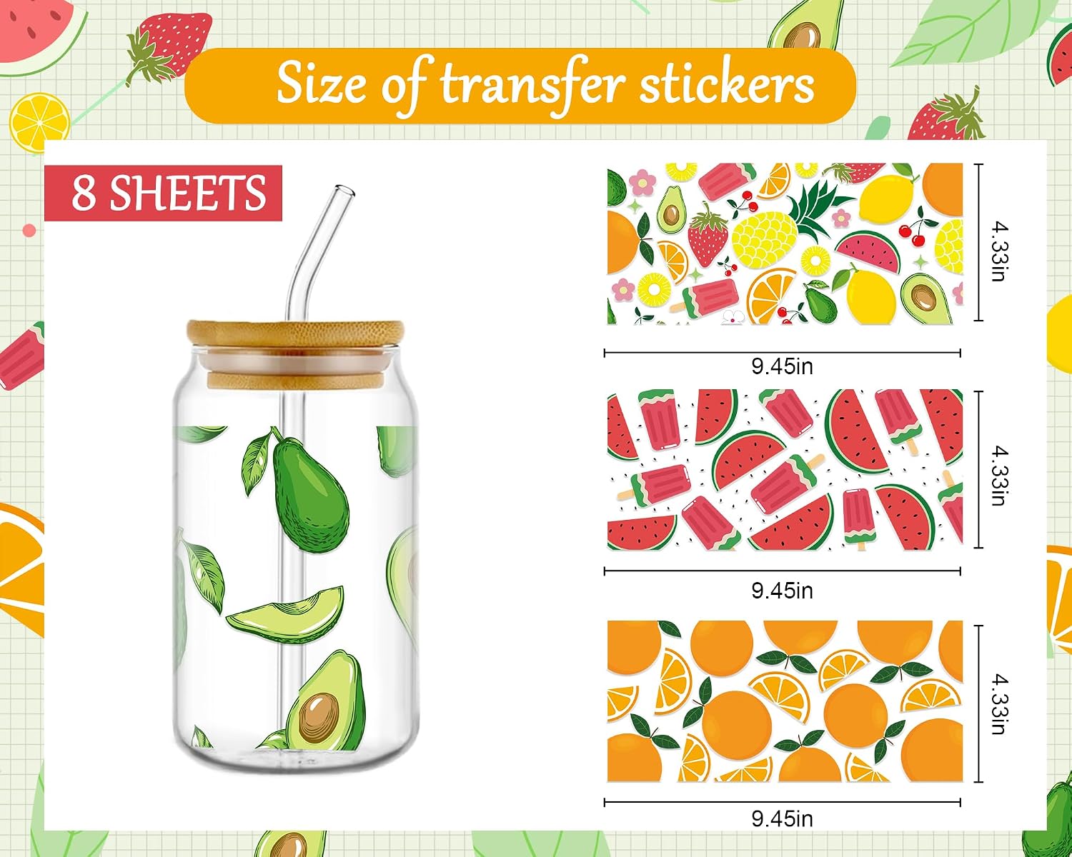 Rngmsi UV DTF Cup Wraps for 16 oz - 8 Sheets Fruit UV DTF Wraps, Strawberry Avocado Pineapple Watermelon Uvdtf Transfer for Glass, Waterproof Rub on Decals for Wood Crafts