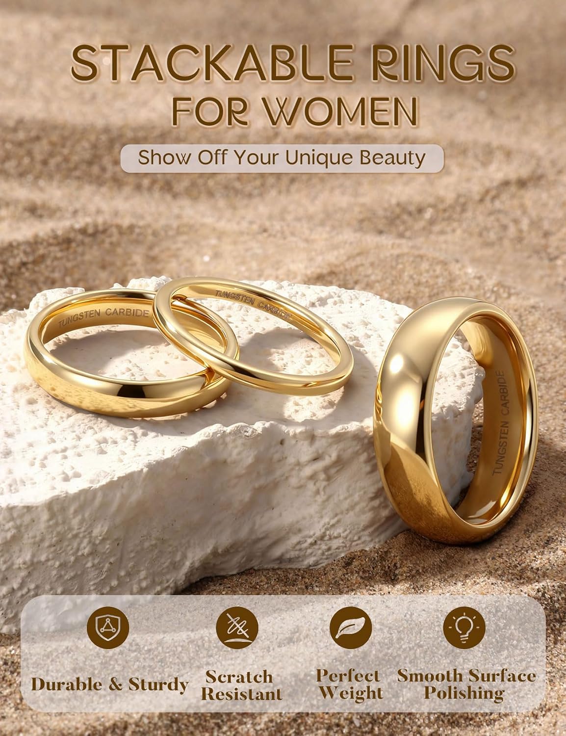 Tungary 2mm 4mm 6mm 8mm Tungsten Wedding Bands Rings 18K Gold Plated Stackable Rings for Women Men Promise Engagement Ring Domed High Polish Gold Ring Not Tarnished Jewelry Comfort Fit 6-12 - Image 3