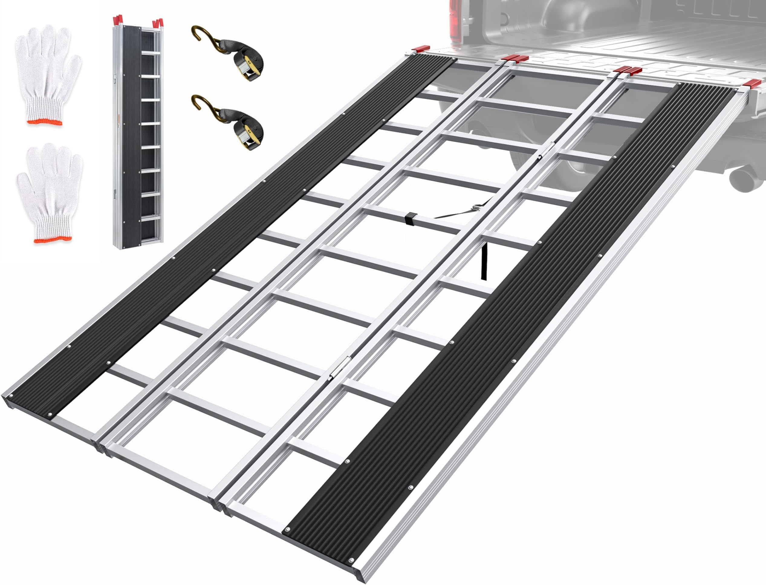 Truck Ramp Tri-Fold Snowmobile Ramp with Tread Aluminum Motorcycle Trailer Loading Ramps for Pickup Trucks Dirt Bike Truck Bed Car Trailer Ramps with Straps 85"*54" 1500LBS ATV Ramps for Pickup Trucks