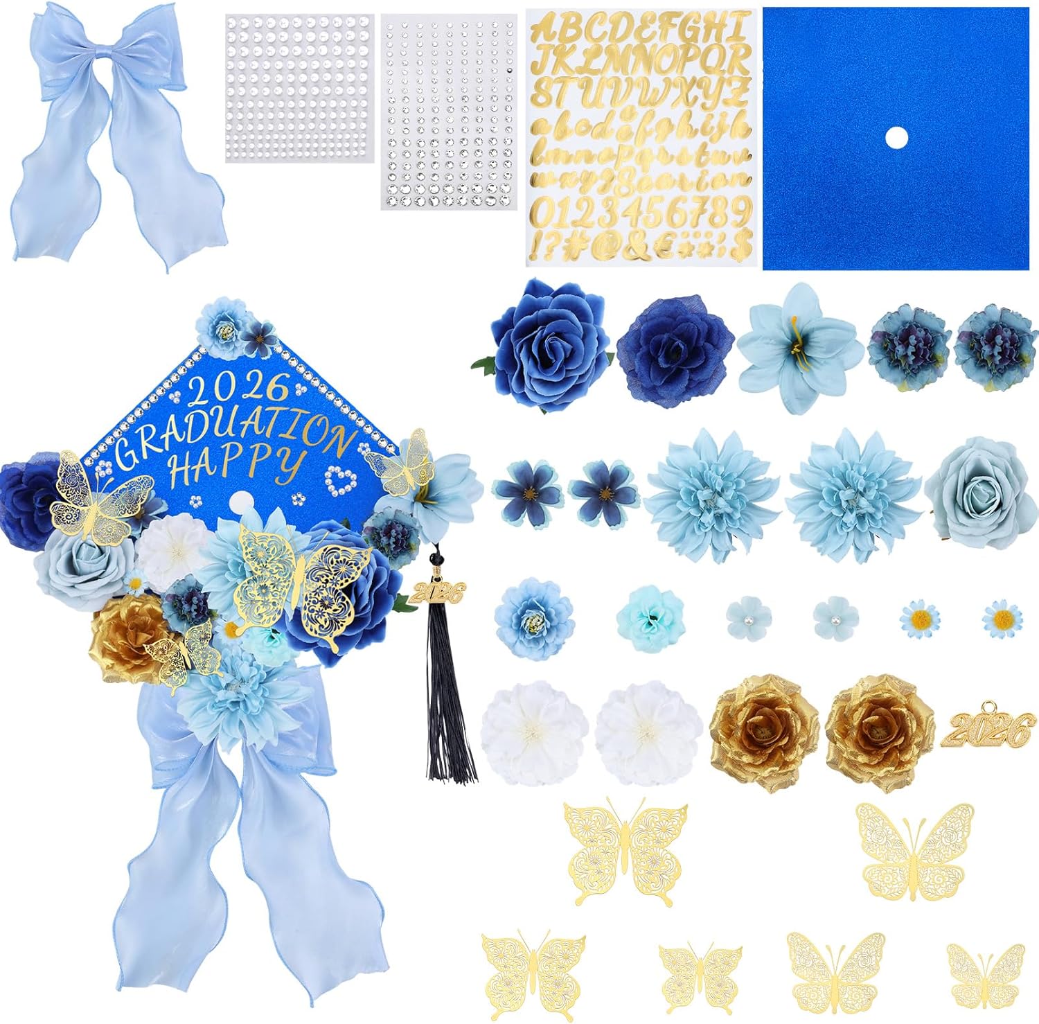 Jollyboom Graduation Cap Decorations Kit Blue, Flowers Grad Cap Decorations 2026 for Cap Topper DIY Craft Assorted Flowers Butterfly Stickers Bow Trim Gold Pendant for Grad Party Craft Decor