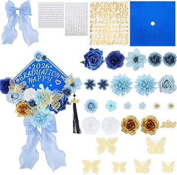 Jollyboom Graduation Cap Decorations Kit Blue, Flowers Grad Cap Decorations 2026 for Cap Topper DIY Craft Assorted Flowers Butterfly Stickers Bow Trim Gold Pendant for Grad Party Craft Decor