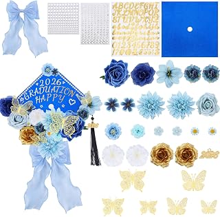 Jollyboom Graduation Cap Decorations Kit Blue, Flowers Grad Cap Decorations 2026 for Cap Topper DIY Craft Assorted Flowers Butterfly Stickers Bow Trim Gold Pendant for Grad Party Craft Decor