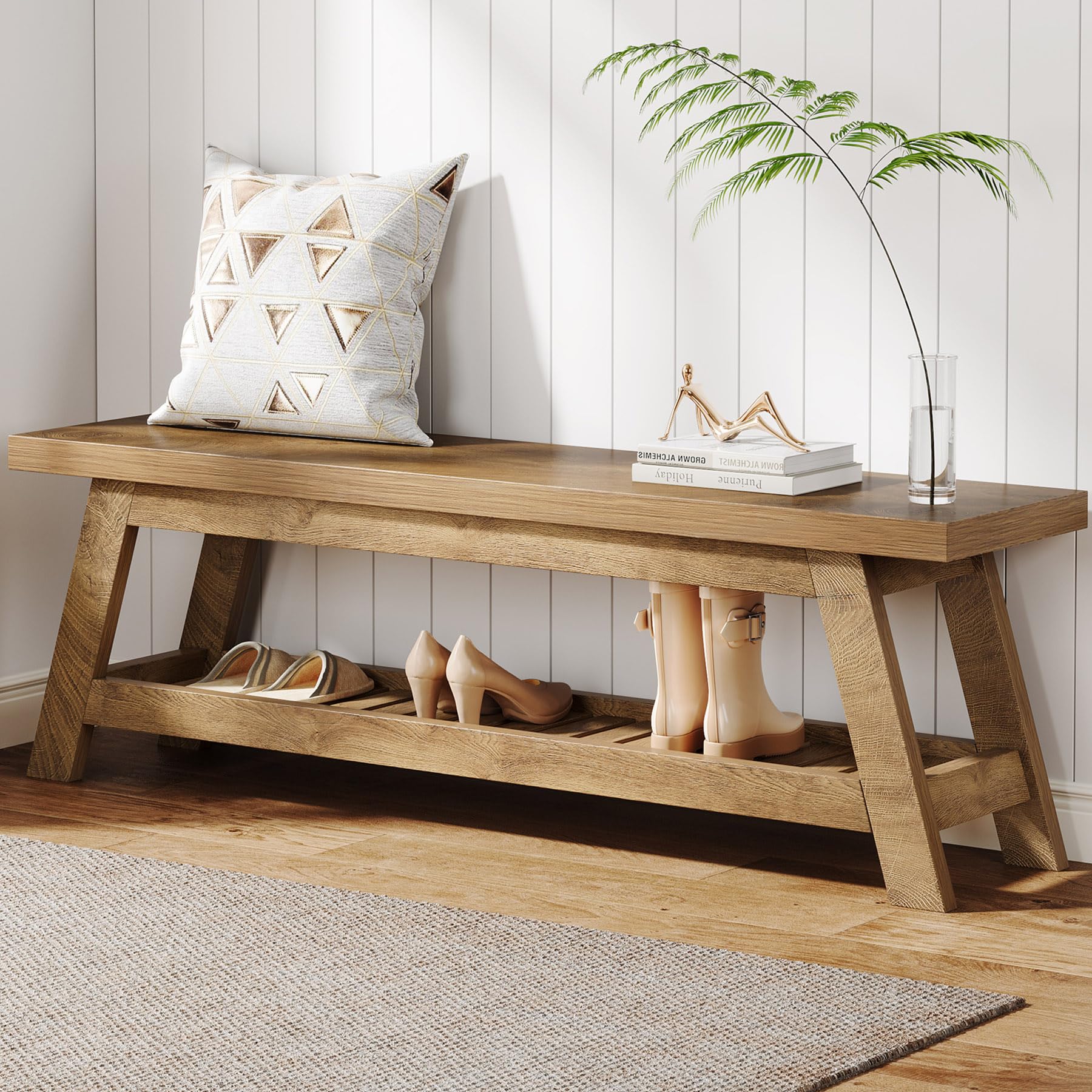 Photo 1 of ** MAJOR DAMAGE SELLING FOR PARTS**Tribesigns 55" Wood Entryway Bench with Shoe Storage, Large 2-Tier Narrow Hallway Foyer Seating Bench with Open Shelves for Entryway, Bedroom, Mudroom