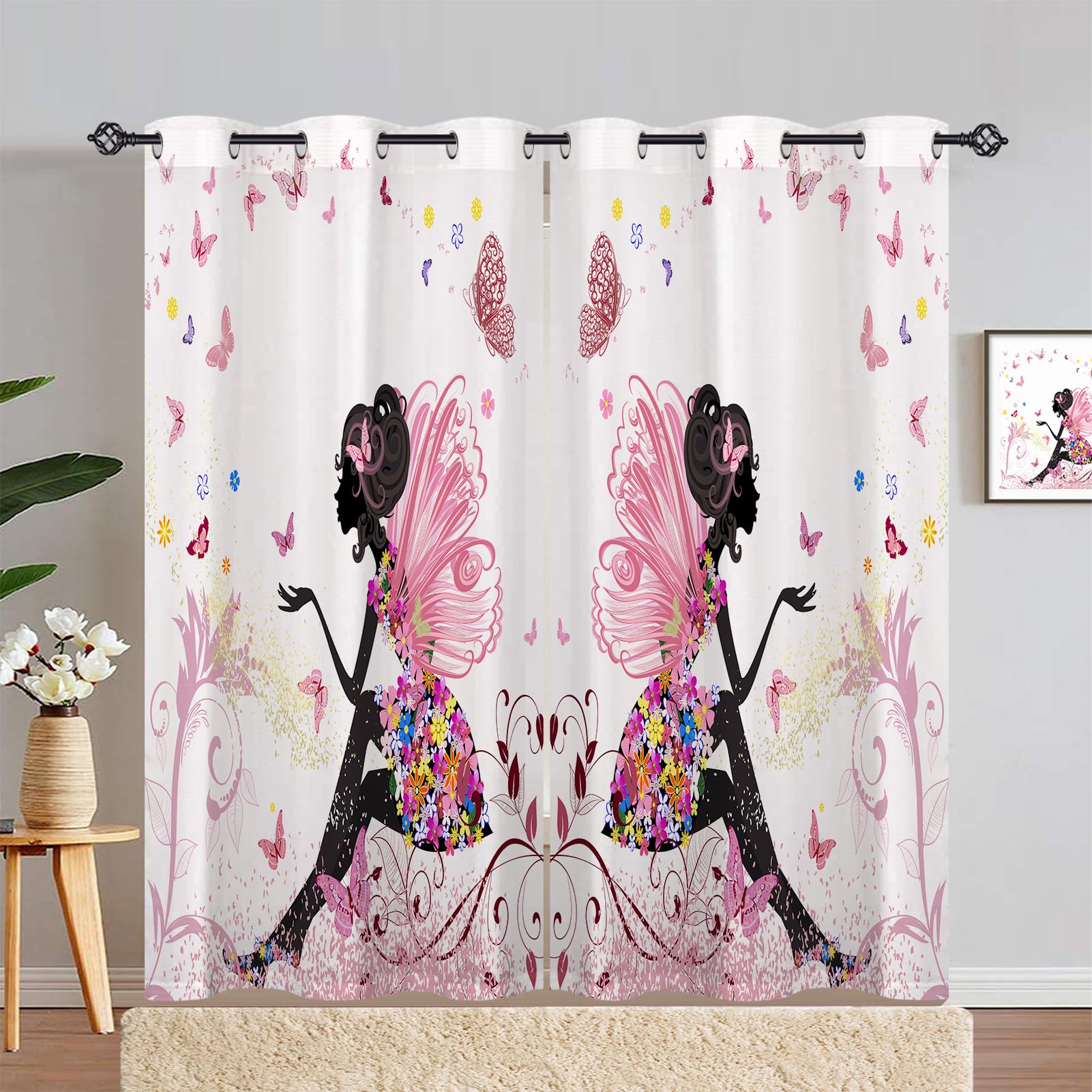 ANHOPE Flower Fairy Curtains Eyelet Thermal Insulated Blackout Curtains Colourful Butterfly Floral Print Pattern Ring Top Drapes for Kids Girls Bedroom Living Room 55 x 72 Inch Drop 2 Panels