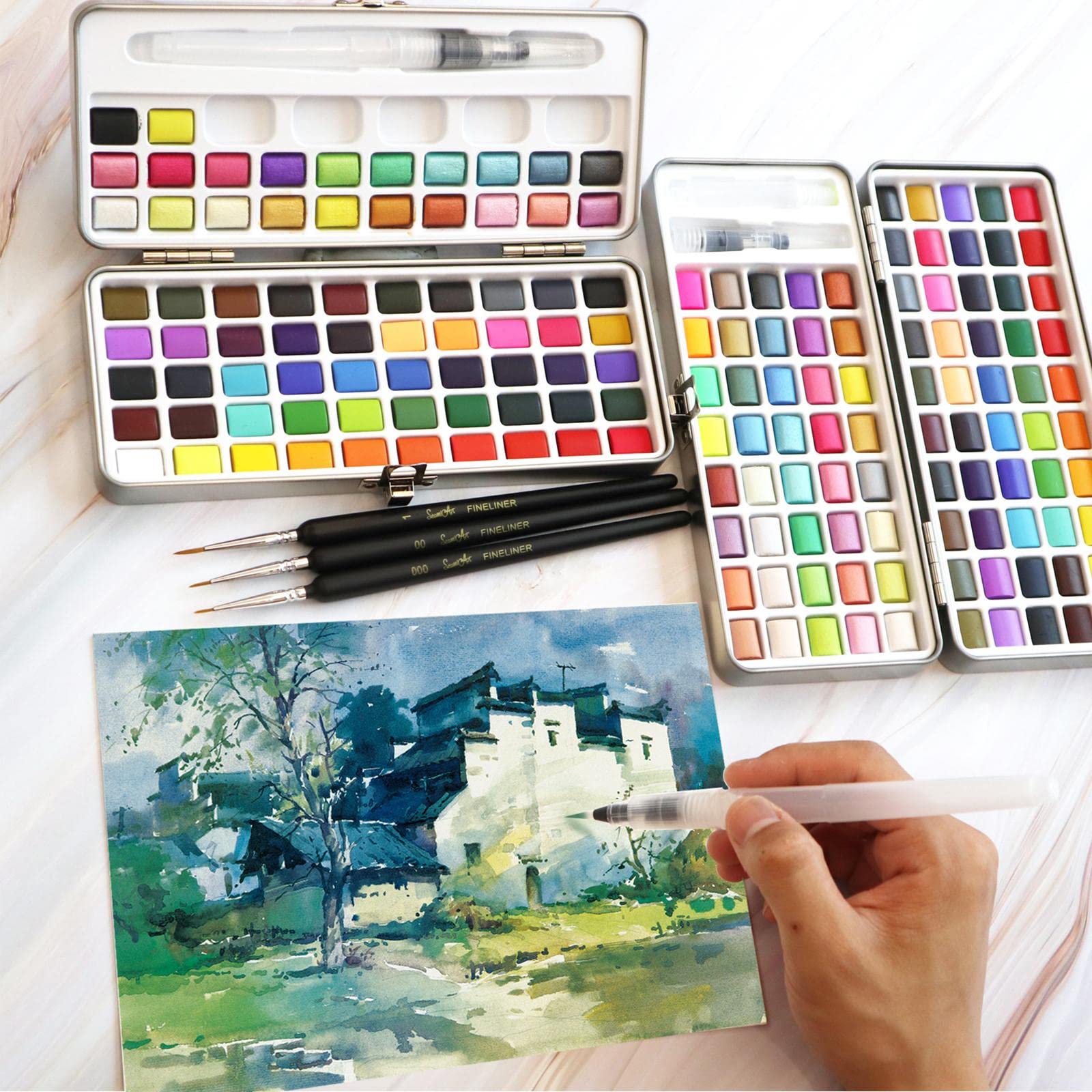Wasserfarben Set mit Vielseitigen 100 Farben Aquarellfarben Set mit Gouachepalette Und Pinselset in Metallbox Und Langlebig für Bastelarbeiten, 50 Farbdosen-Set