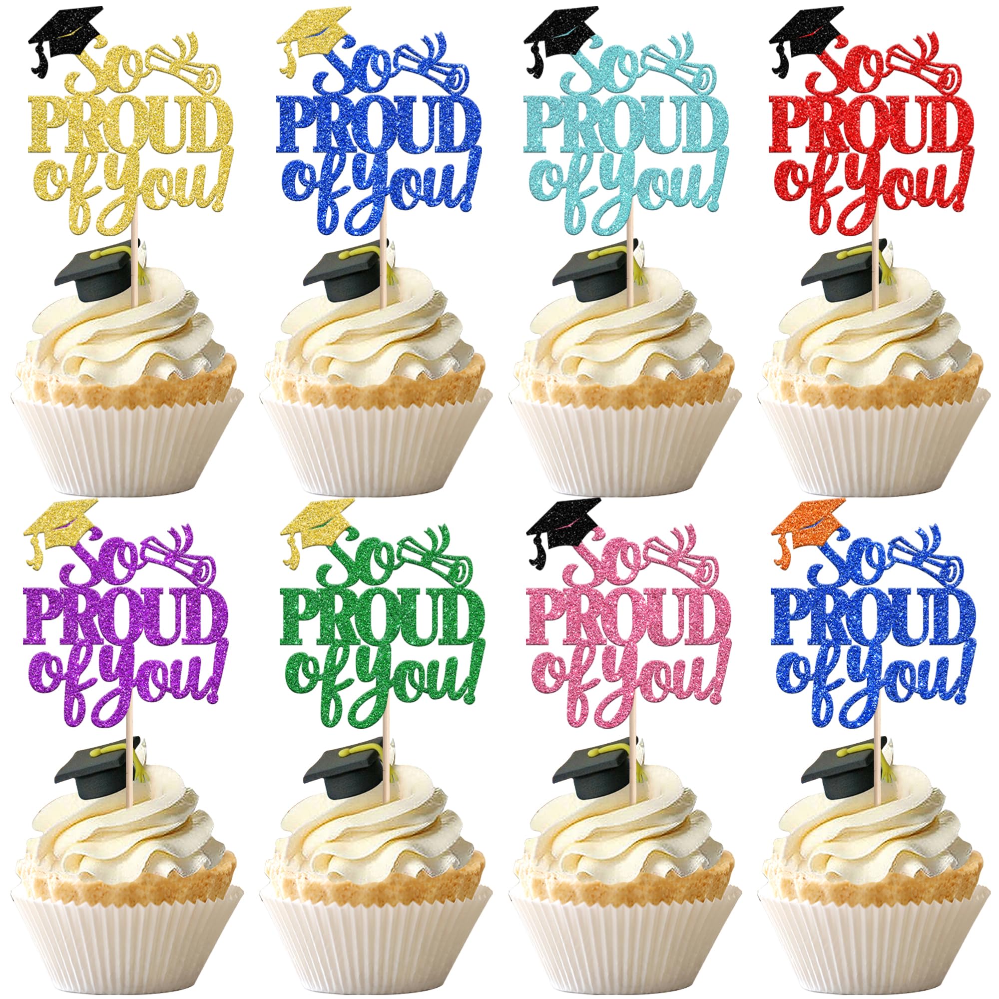 SYKYCTCY 24 Pack So Proud of You Cupcake Toppers Glitter Congrats Grad 2026 Grad Cap Cupcake Picks Class of 2026 Graduation Cake Decorations for 2026 Graduation Theme Party Supplies Colorful โ image 1
