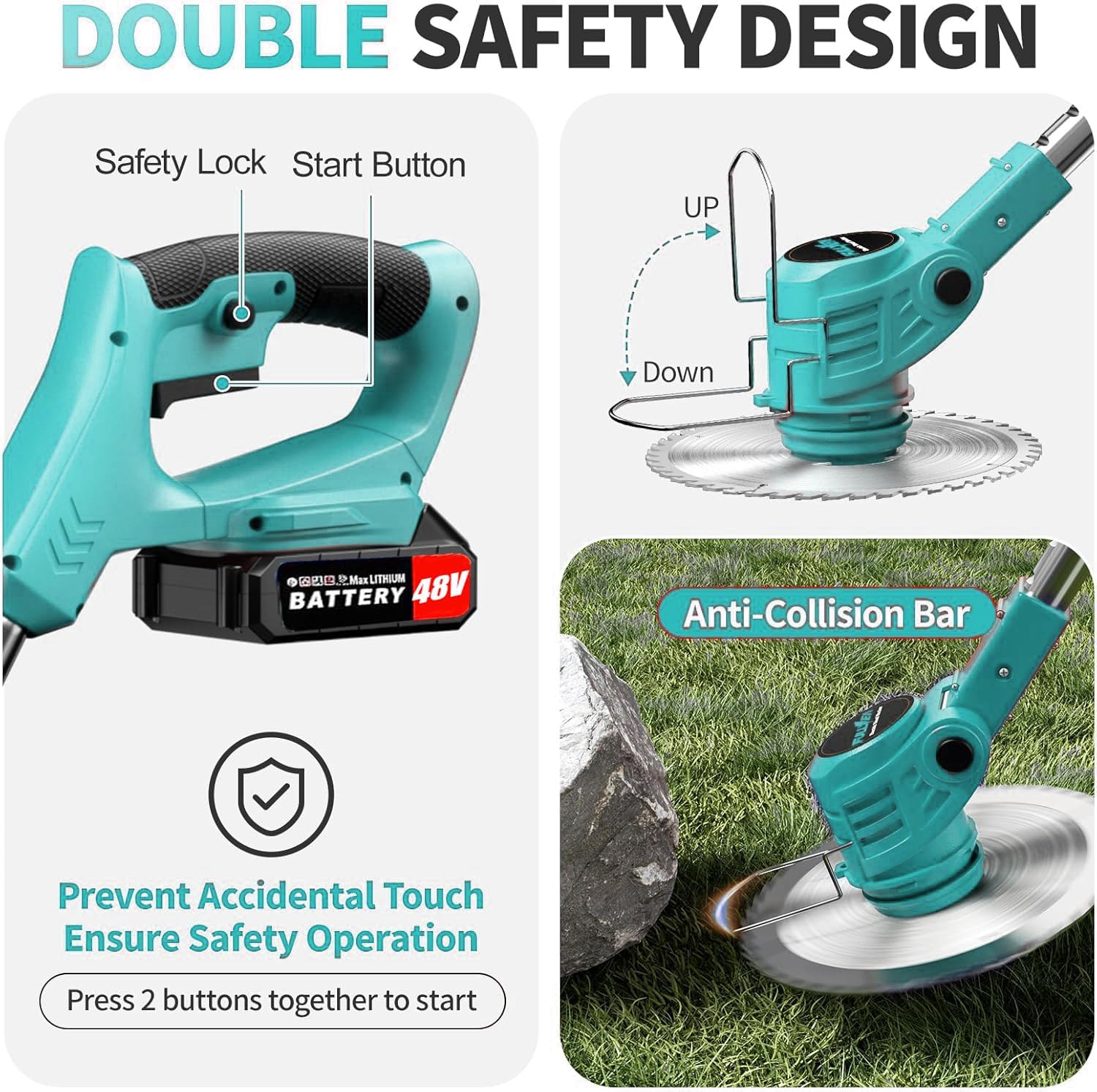 36V Electric Weed Wacker Cordless String Trimmer Battery Powered/w 2X 6.0Ah Battery and 2.0Amp Charger, Height Adjustable Wheeled，3-in-1 Grass Trimmer/Brush Cutter/Hedge Trimmer/Weed Eater - Image 4