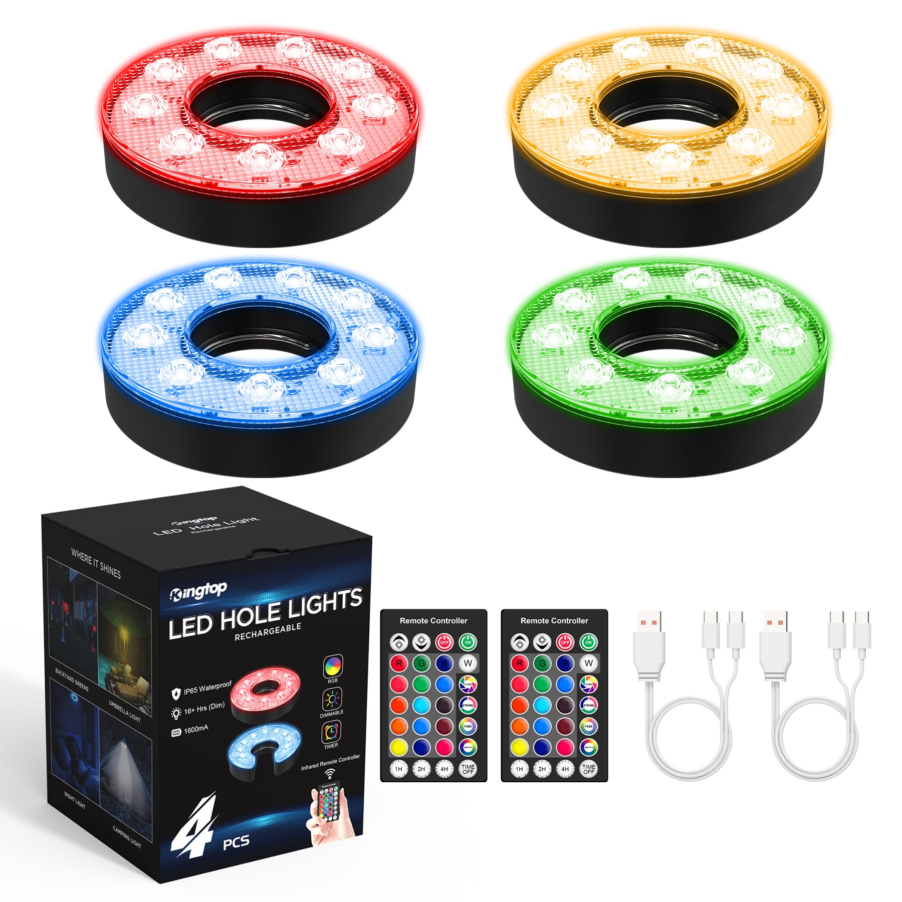 KINGTOP Rechargeable LED Golf Hole Light - Waterproof, Focused Illumination Lens, Remote-Controller, Perfect for Backyard Night Golf Practice Putting Green, Camping, Outdoor Party, O-4Pack