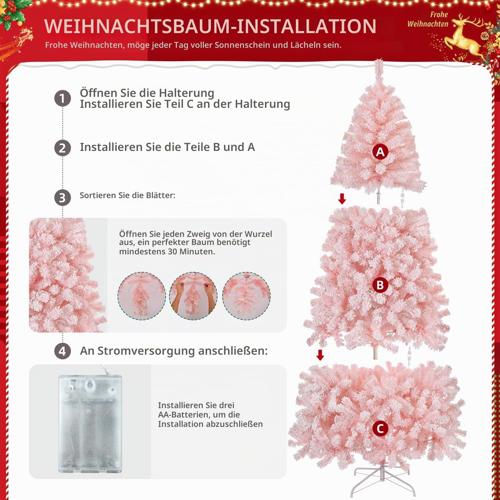 Bonnlo 180 cm Künstlicher Weihnachtsbaum mit 100 LED-Lichtern in Warmweiß, Batteriebetrieben, 750 Zweigspitzen, Stabilem Metallständer, DIY Weihnachtsdekoration für Innen & Außen, Rosa