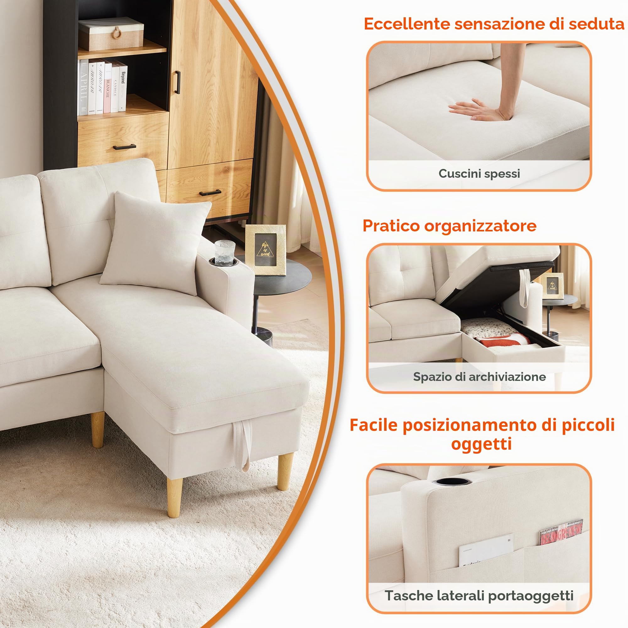 Azkoeesy Divano Angolare a Forma di L 3 Posti con Chaise Longue e Spazio di Archiviazione, Portabevite e 2 Cuscini, per Soggiorno e Ufficio 175x129x90 cm (Beige)