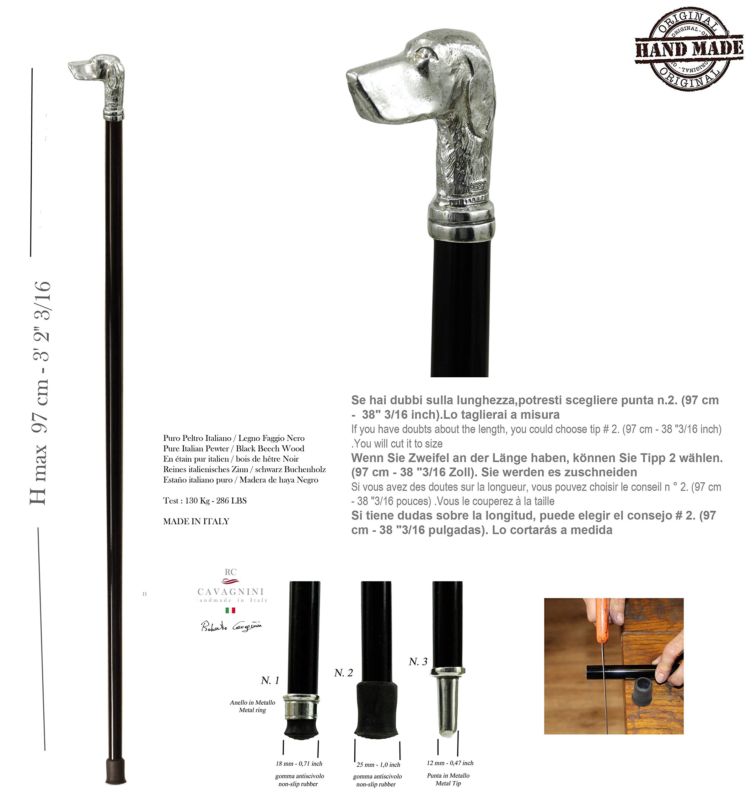 Bastón para caminar, perro puntero, personalizable en color, longitud y punta, (haya negra (N))
