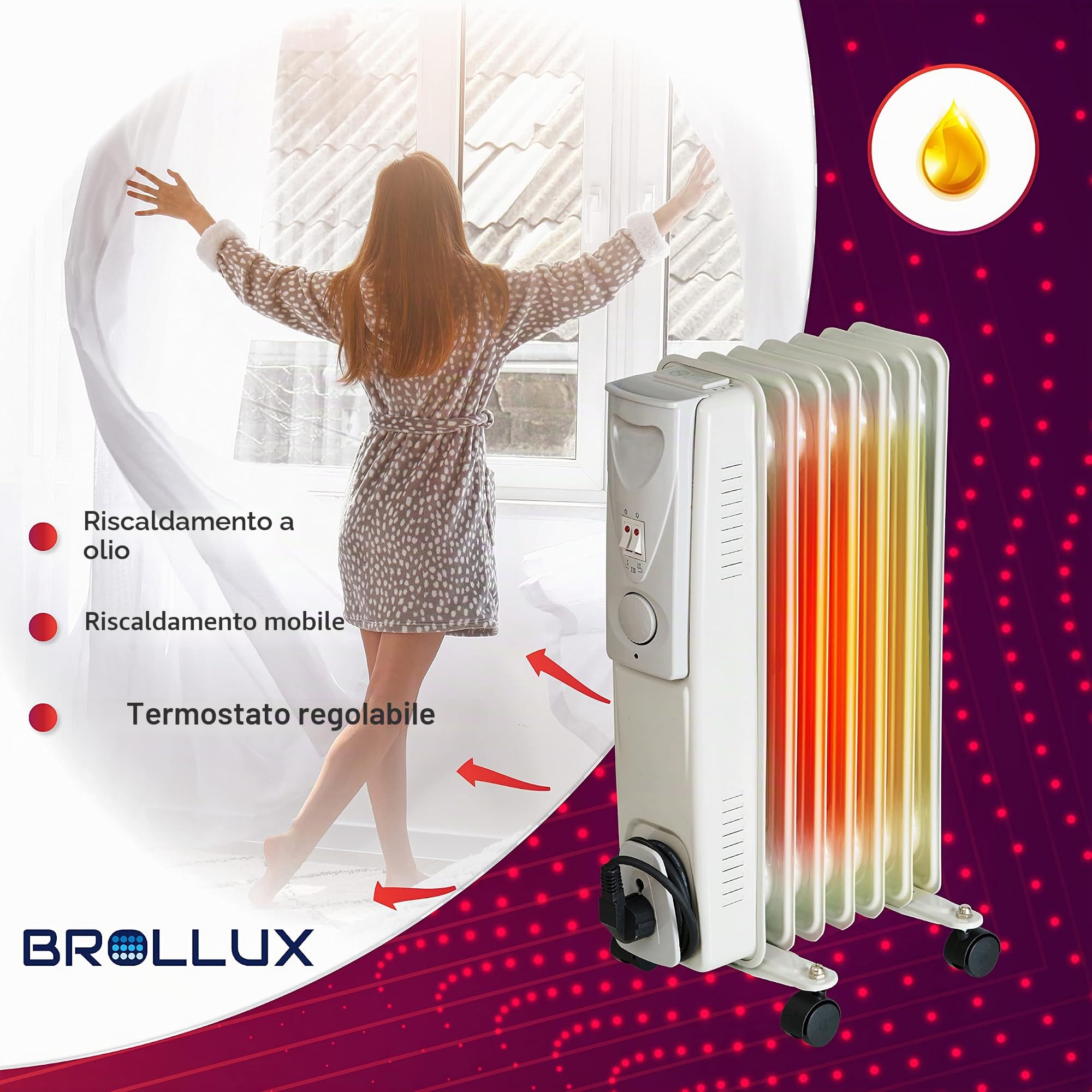 BROLLUX Riscaldatore ad olio elettrico 1500 W, radiatore ad olio, riscaldamento elettrico, 7 lamelle