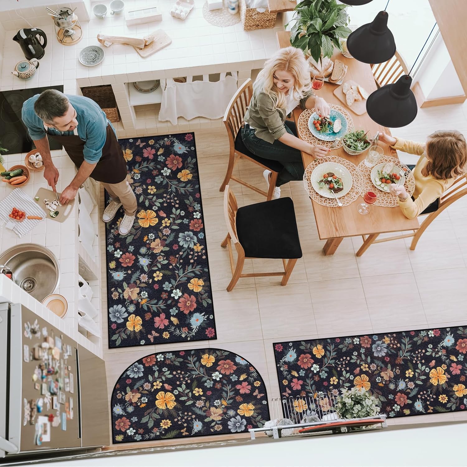 KIMODE Farmhouse Kitchen Rugs Non Slip Washable, Black Floral Kitchen Mats for Floor 3 Piece Set, Half Circle Kitchen Runner Rug for Hallways Laundry Sink Entrance Office 20"x32"+20"x47"+20"x71"