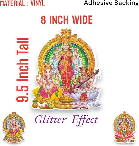 Miniatura 3 de LOVENSPIRE 6CT Ganesha Laxmi y Saraswati - Adhesivo decorativo de pared fácil de despegar, efecto de purpurina premium, calcomanía de pared de Pooja