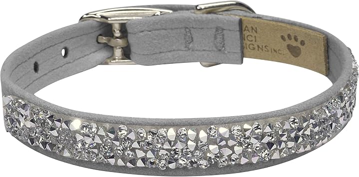 Susan Lanci Designs Ultrasuede Premium Dog Collar with Crystal Rocks, Platinum, X-Small