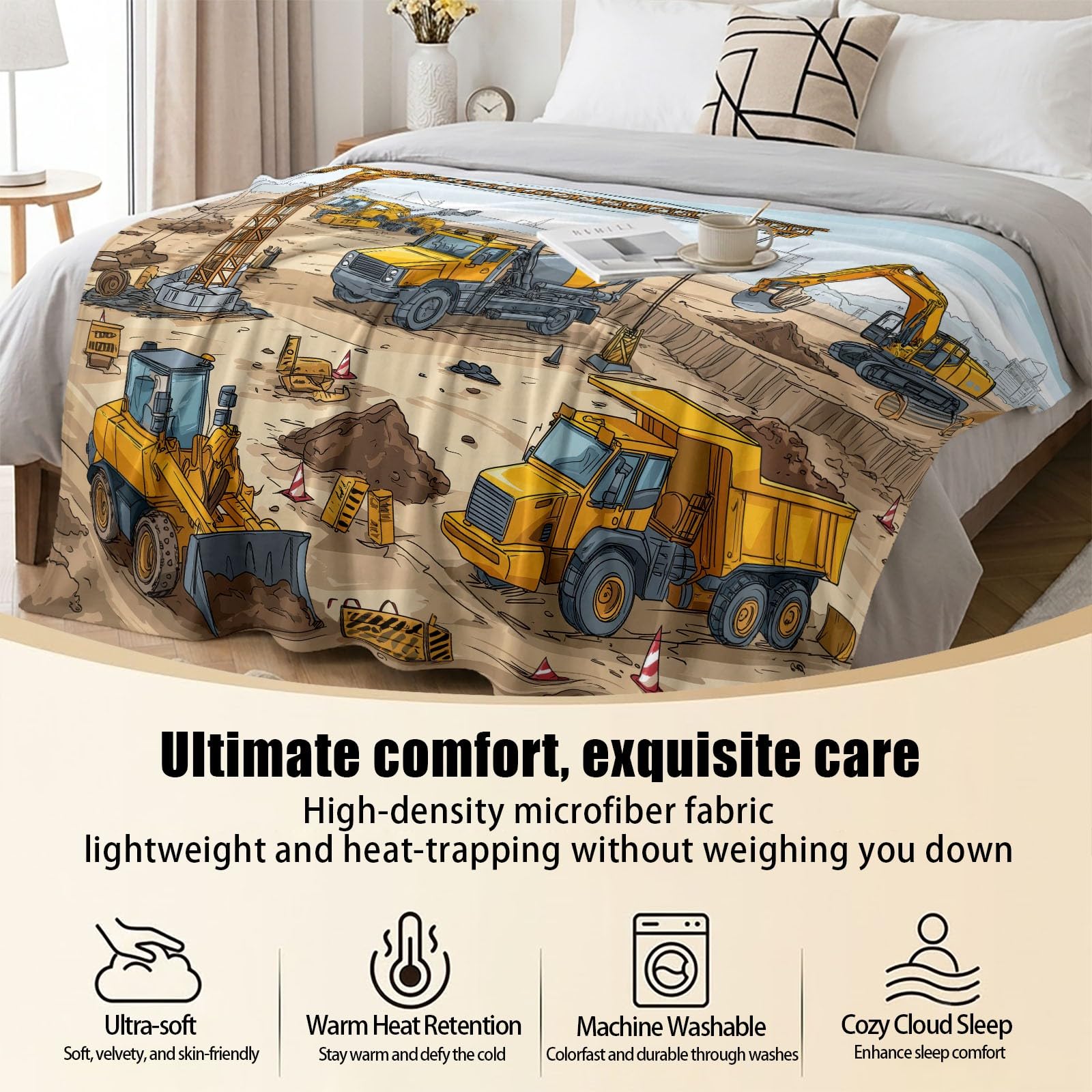Weich Flauschig Kuscheldecke 180x200 cm, Cartoon Baustelle Warme Flanell Fleecedecke, Baumaschinen Fahrzeuge Motiv Kuschelig Decken als Sofadecke Tagesdecke Wohndecke, Braun