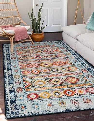 Wonnitar Alfombra bohemia bohemia de 4 x 6 pies, lavable y grande, alfombra bohemia para sala de estar, alfombra colorida con enrejado marroquí para