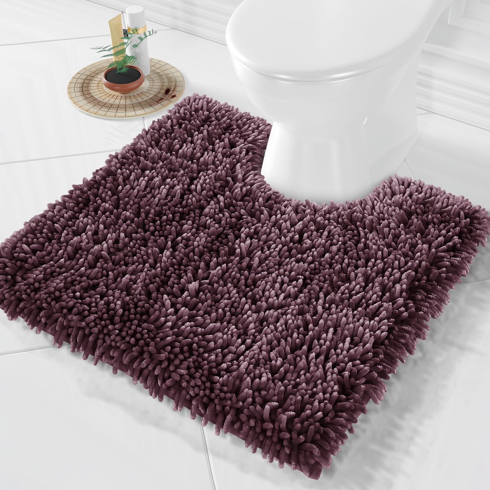 Yimobra Toilet Rugs U Shaped Washable, Extra Thick Soft Absorbent Chenille Contour Bathroom Rugs for Toilet 24x24 Inch, Quick Dry Non Slip Toilet Mat for Bath Floor, Purple Grey