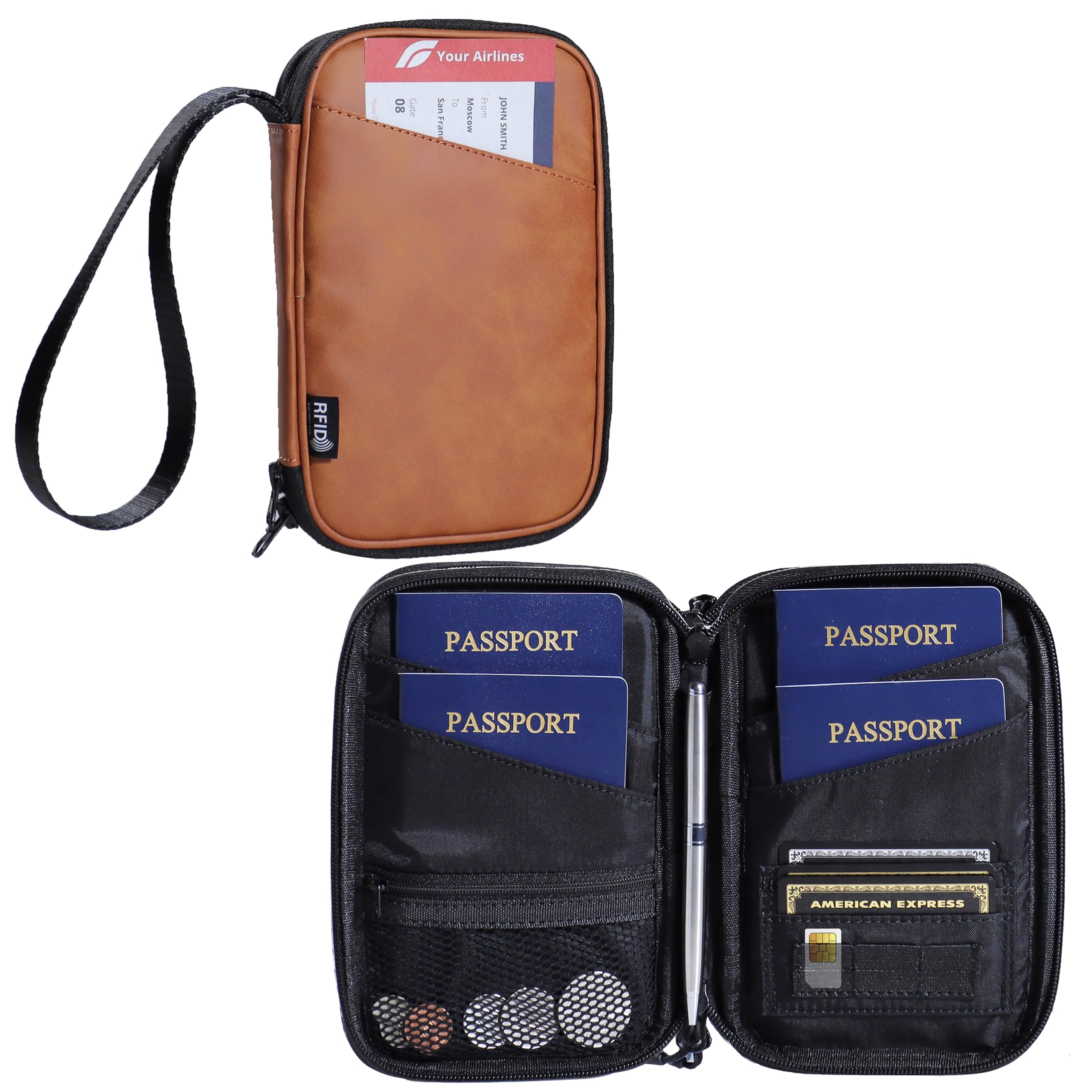 family passport holder for 4 brown multiple passport bag passport wallet for travel passport cover rfid blocking for women waterproof wallet with