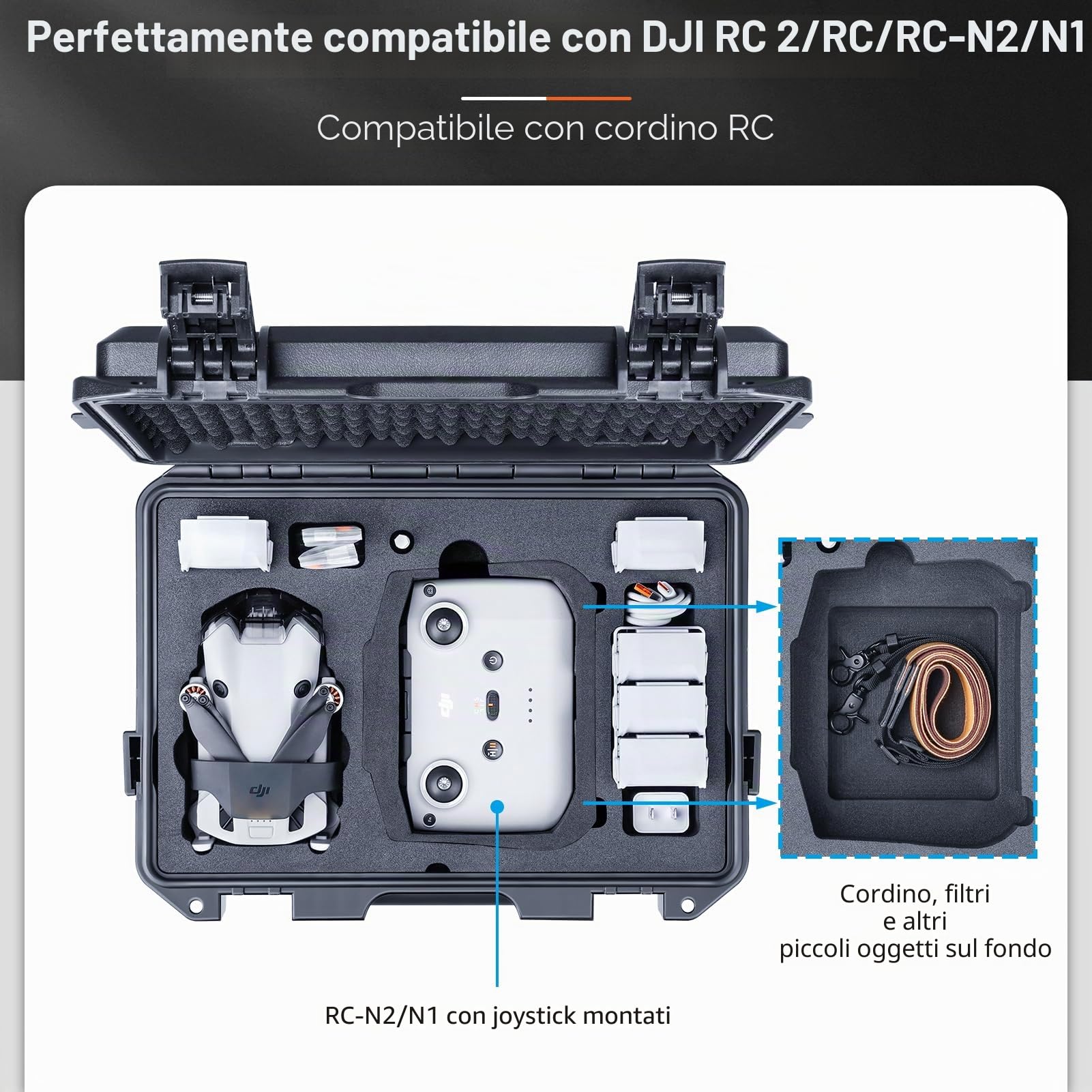 Lykus Titan MM410 Custodia/Case/Valigia impermeabile per DJI Mini 4 Pro/Mini 3/Pro e DJI RC2/RC/RC-N2/N1, Nero con tracolla, Supporta tracolla RC e fino a 7 batterie [SOLO CUSTODIA]