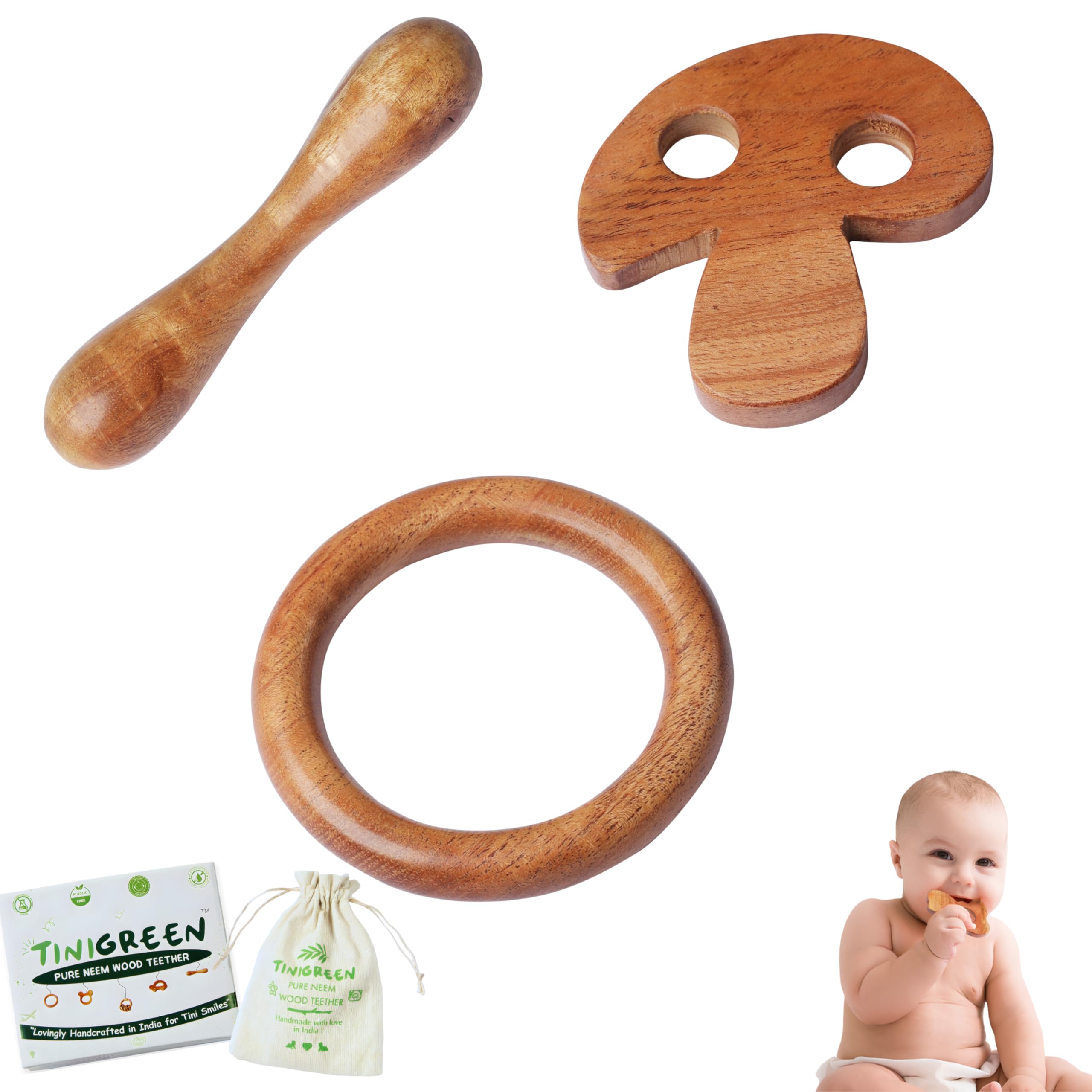 TINIGREEN Mushroom Ring Dumbbell Shaped Organic Neem Wood Teether Combo for Baby (Pack of 3)-picture-36