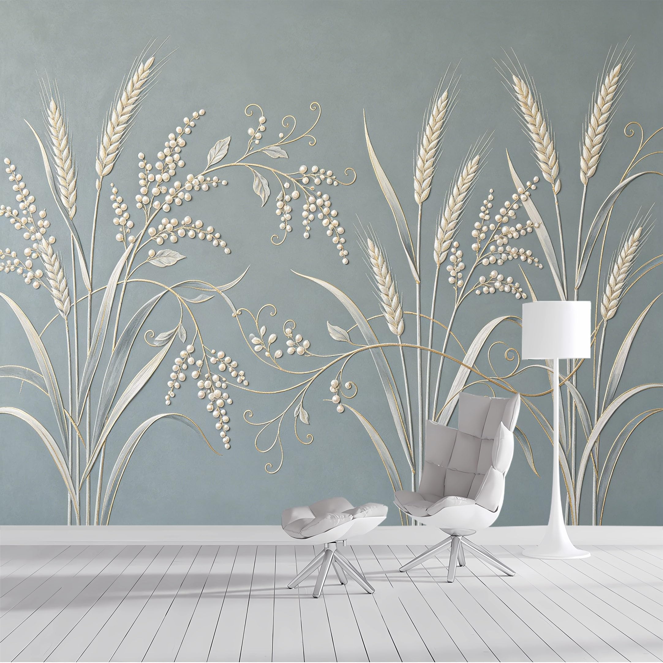 Custom Size Wall Mural Botanical Wheat Spikes Floral Pattern Art Nouveau SelfAdhesive Wall Fabric Removable Peel and Stick Wallpaper Wall Decor for Living Room Bedroom Bathroom