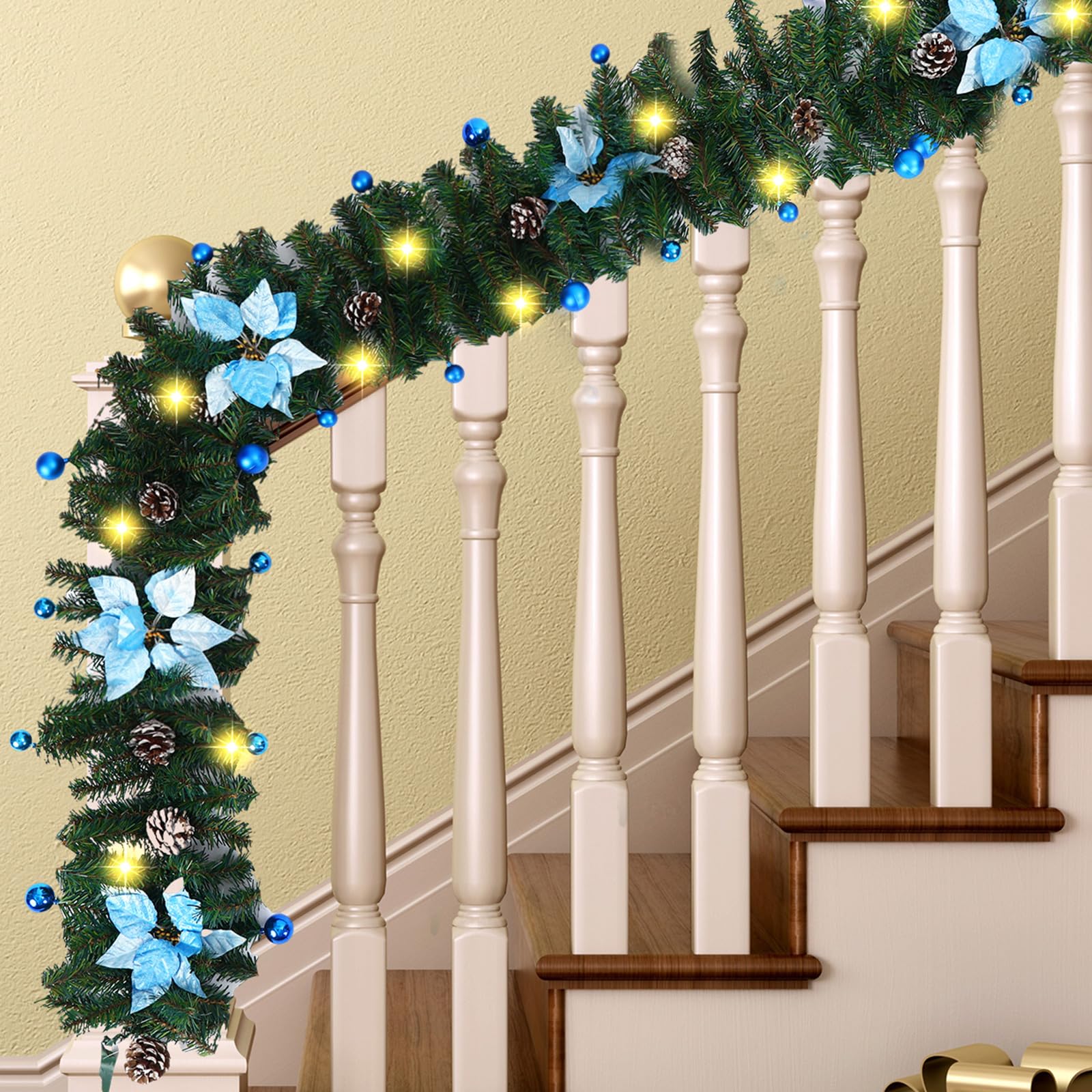 Hotop 4 Pack 9ft Bulk Prelit Christmas Garland with Lights,100 LED Battery Operated Artificial Garland with Vines Poinsettia Pinecones Christmas Balls for Indoor Outdoor Xmas Holiday Door(Blue)