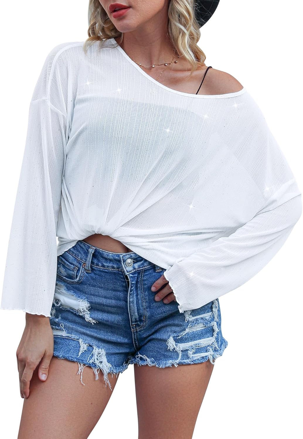 Womens Oversized Mesh Sheer Sparkly Top Glitter See Through Tops Tee Shirt Long Sleeve Concert Rave Party Outfits