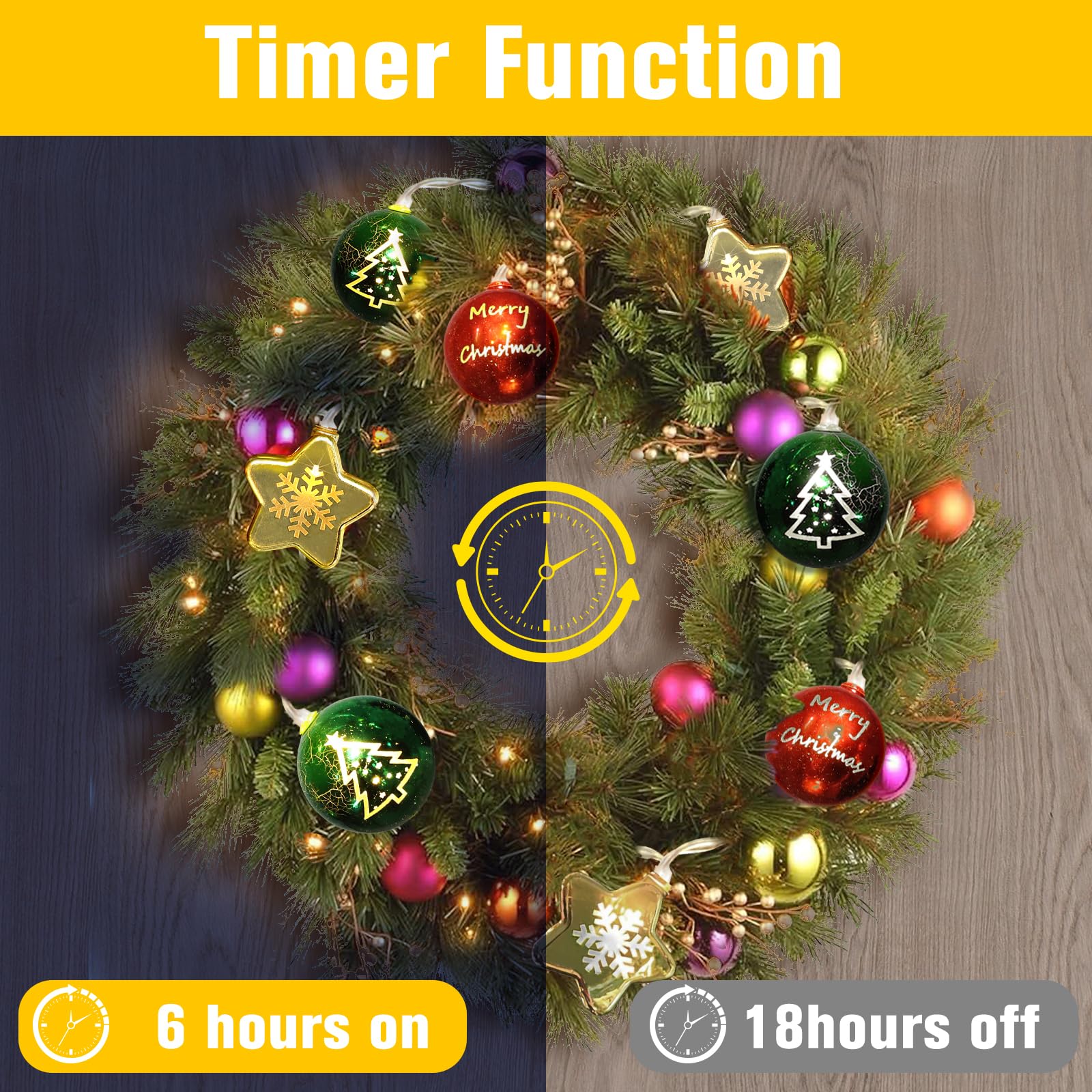 Lumières décoratives de Noël de 4,1 m, 20 DEL à piles avec minuterie et 8 modes, boules de Noël et étoiles décoratives pour sapin de Noël, couronne, fenêtre, mur, maison, jardin, extérieur et
